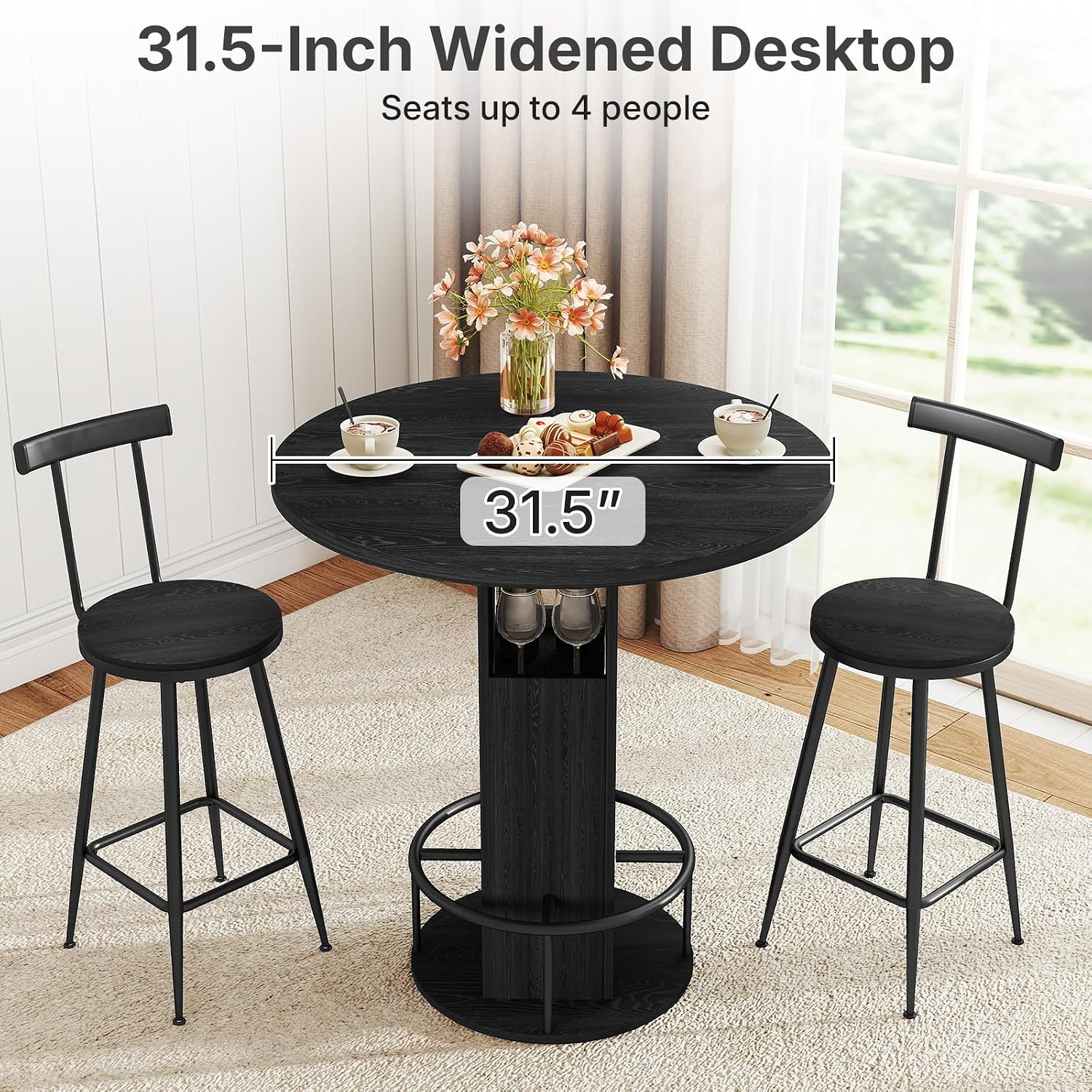 Kiivakii 31.5' 3 Pieces Round Bar Table Set, Pub Table and Chairs for 2, Kitchen Bar Table with 2 Stools & Built-in Storage, Small Dining Table Set for Dining Room, Bistro & Small Space, Black