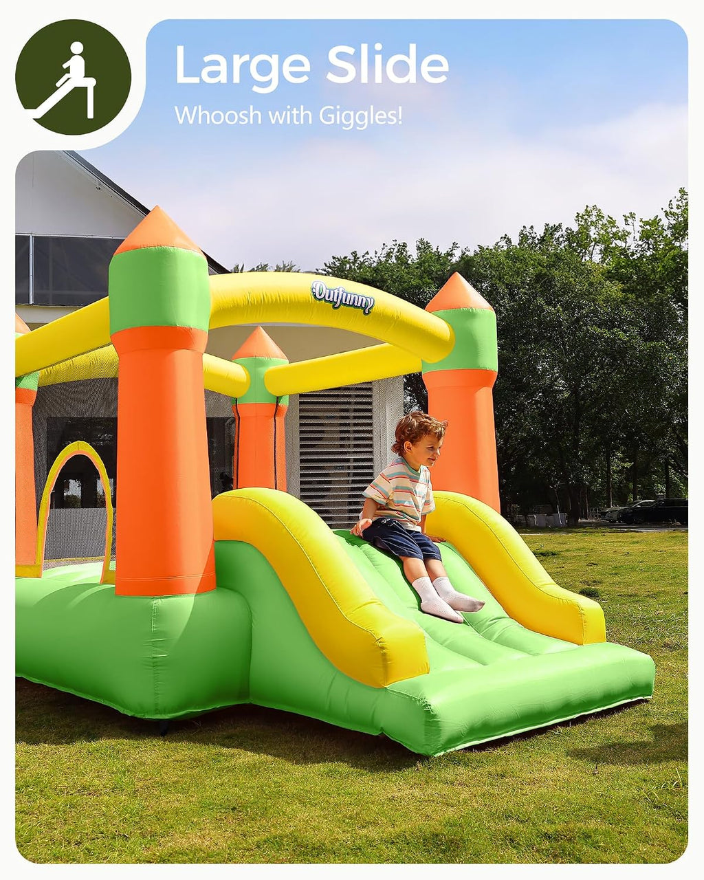 Outfunny Indoor Bounce House with Slide, Inflatable Bouncy House for Kids 3-8, Bounce Area 6'x6', Capacity 300 lb - Green