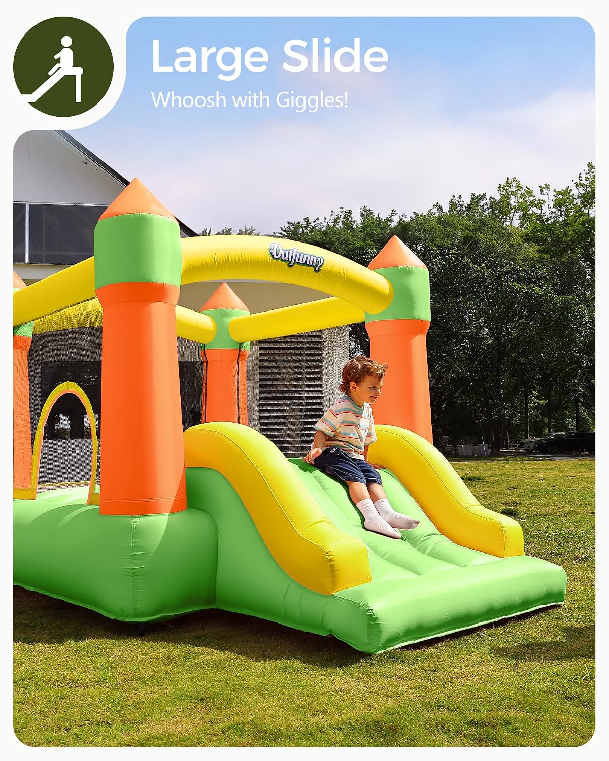 Outfunny Indoor Bounce House with Slide, Inflatable Bouncy House for Kids 3-8, Bounce Area 6'x6', Capacity 300 lb - Green