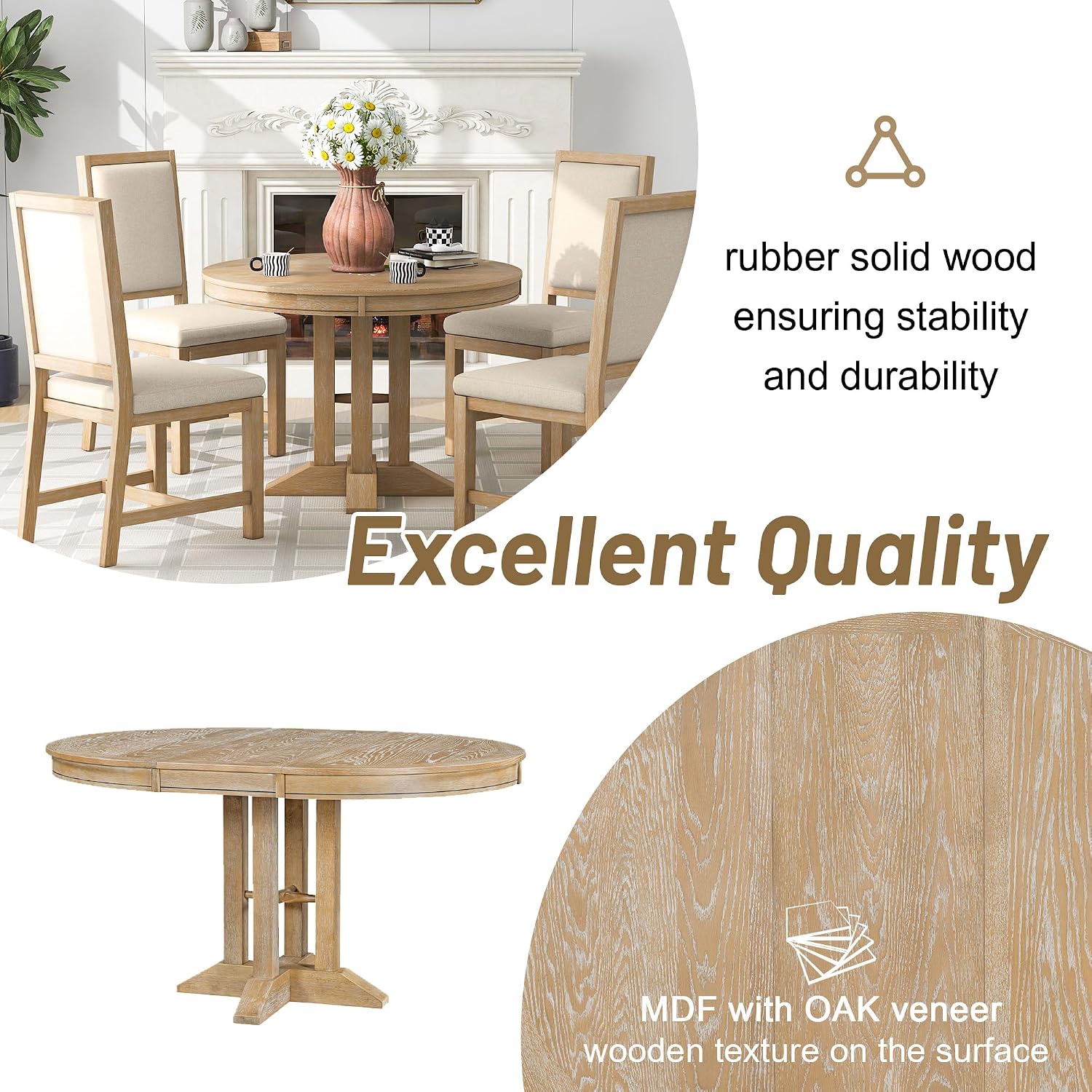 LUMISOL LUMISO Extendable Round Dining Table for 4-8, Solid Wood Expandable Oval Kitchen Table with Removable Leaf, 42'-58'' Dinner Table for Kitchen, Dining Table, Small Space, Natural