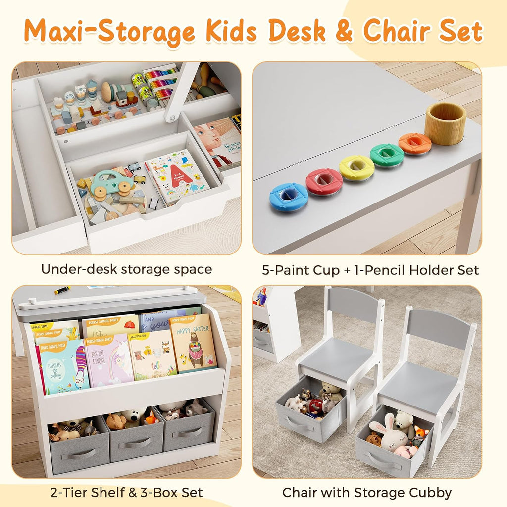 5-in-1 Kids Art Table and Chairs, Toddler Table and Chair Set, Craft Play Desk for Kids, Convertible Art Easel with Paper Roll Holder & Storage Drawers, Children Activity Learning Center-Light Grey