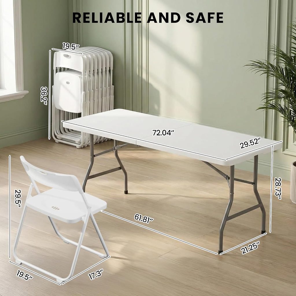 6FT Foldable Table Set with 6 Pack Plastic Folding Chairs, Heavy Duty 350 lbs Folding Table & Folding Chairs, Portable Foldable Furniture Bundle for Parties, Wedding, Events, Indoor & Outdoor