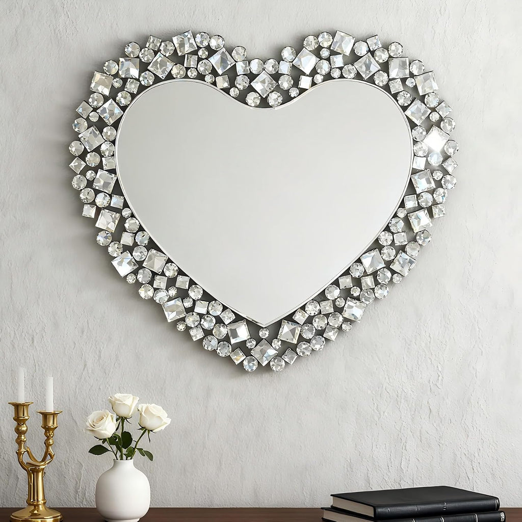 SHYFOY Decorative Heart Wall Mirror, 27.6x30.7 Crystal Round Mirror for Wall Decor, Jeweled Framless Wall Mirrors Modern Accent Silver Wall Decor for Bedroom Livingroom Hallway