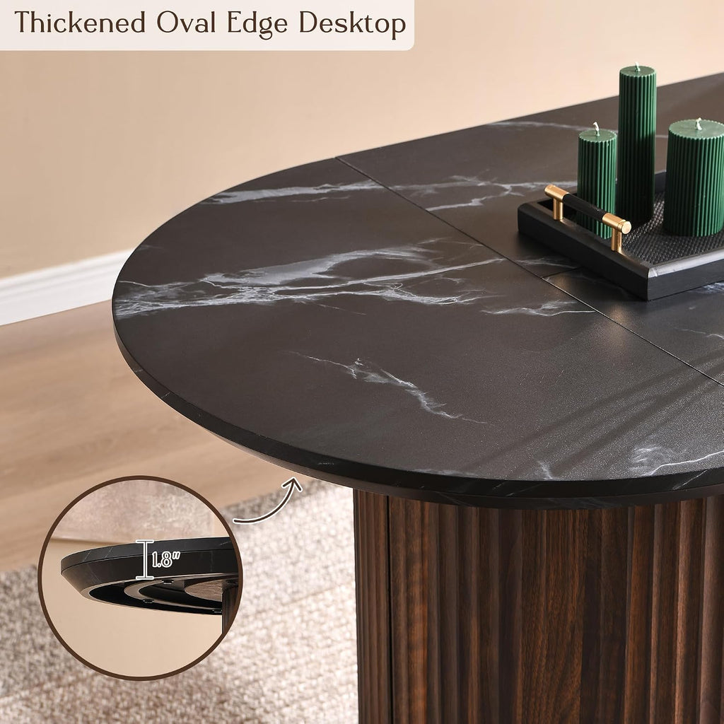T4TREAM 63' Fluted Oval Dining Table for 4-6, Mid-Century Modern Kitchen Table with Thickened Edge & Semi-Cylindrical Base, Wood Table for Dining Room/Kitchen/Home Office, Black & Walnut(Table Only)
