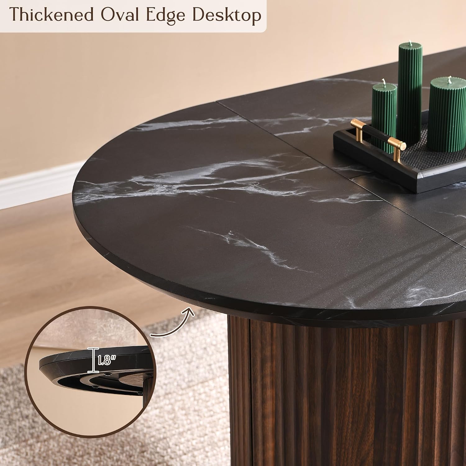 T4TREAM 63' Fluted Oval Dining Table for 4-6, Mid-Century Modern Kitchen Table with Thickened Edge & Semi-Cylindrical Base, Wood Table for Dining Room/Kitchen/Home Office, Black & Walnut(Table Only)