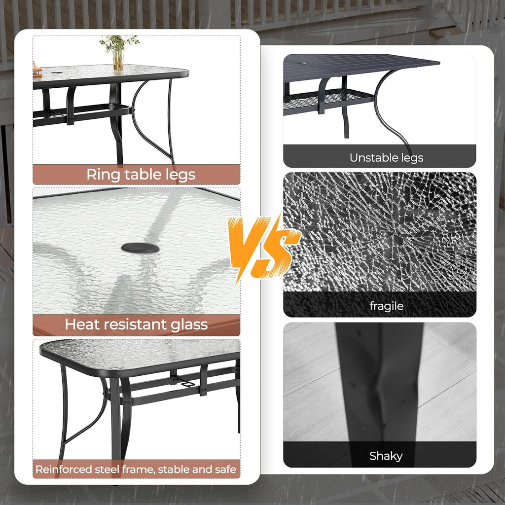 TLSUNNY Patio Outdoor Table W/ 1.69″ Umbrella Hole, 30'X 55' Rectangular Tempered Glass Patio Dining Table for 6, Outdoor Metal Furniture, All-Weather Use, for Patio, Graden, Backyard (Black)