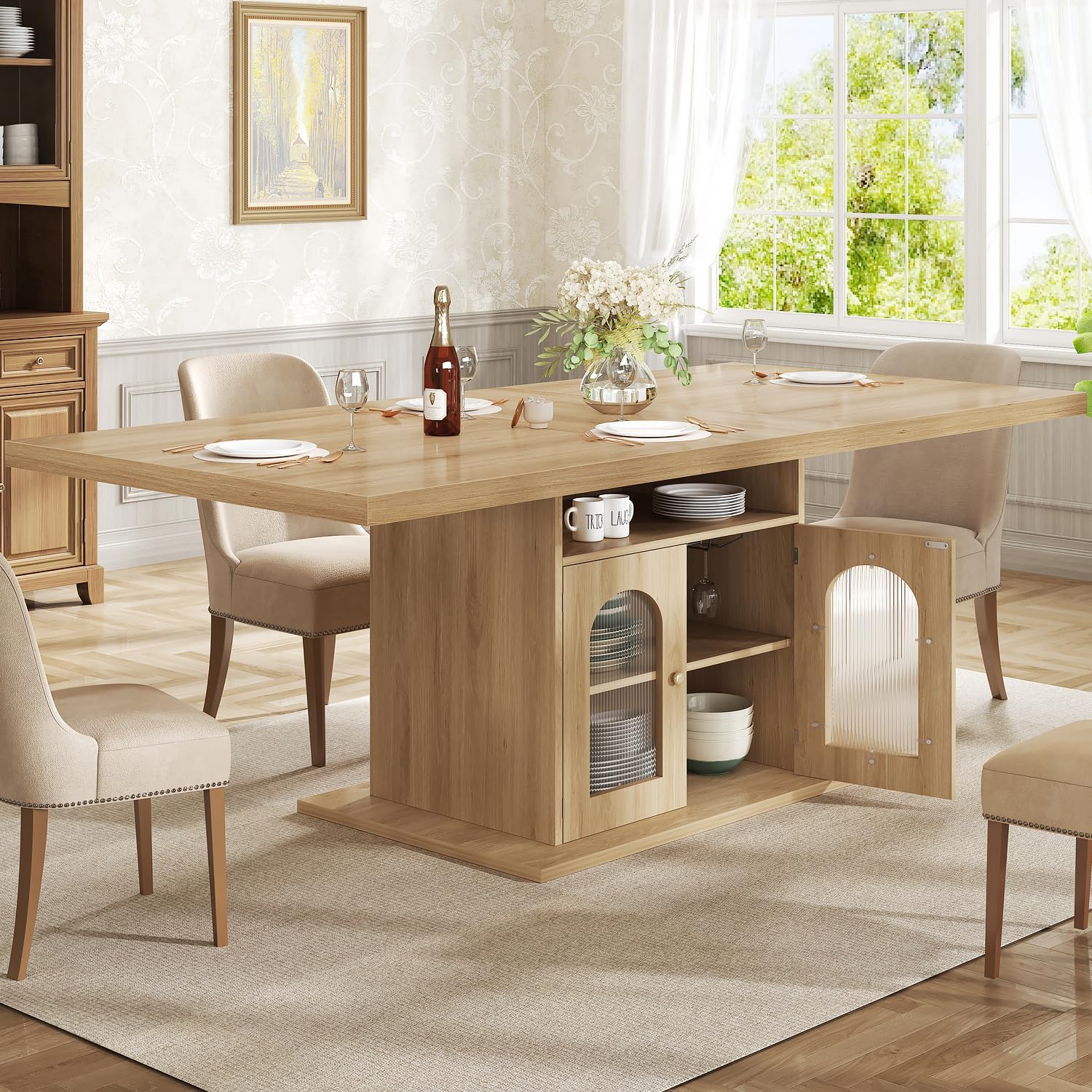 HSH Dining Table for 4–6, 63 Inch Wood Farmhouse Kitchen Table with 3-Tier Storage Shelf and Acrylic Door Cabinet, Rectangular Modern Dining Room Dinner Table for Apartment Home Small Space, Light Oak