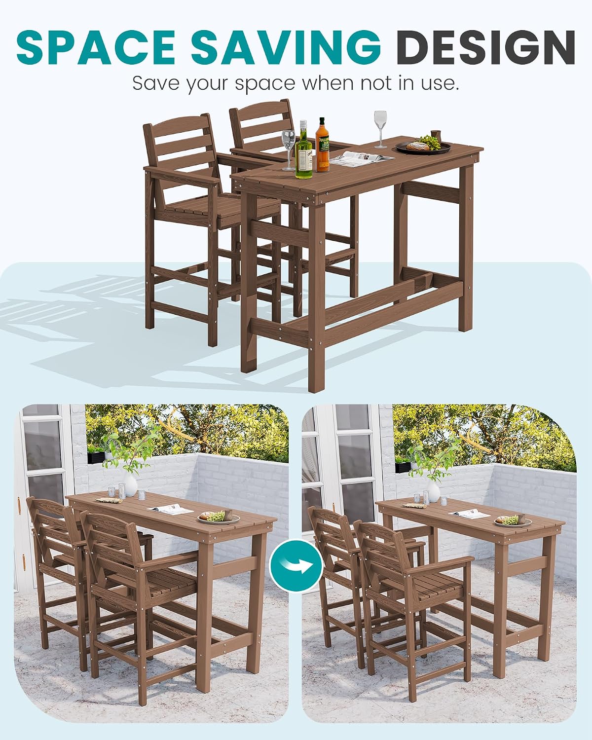 SERWALL Outdoor Bar Set - 4 Adirondack Bar Chairs & Bar Height Table with 1.6' Umbrella Hole, All-Weather HDPE Patio Furniture for Poolside, Backyard, Garden - Brown