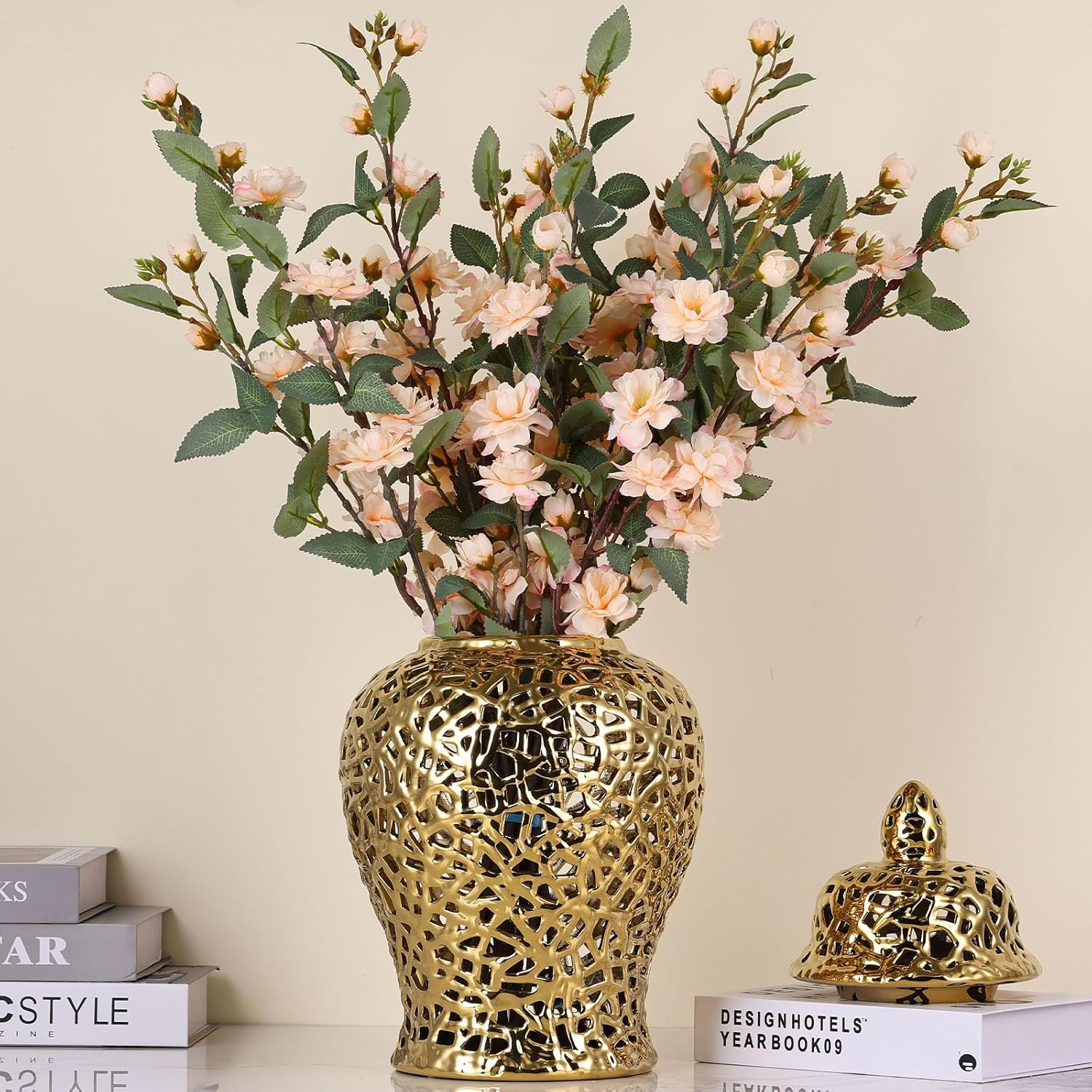 Gold Pierced Ginger Jar Vase with Lid - 15.7' Tall Decorative Ceramic Jar for Home Decor, Centerpiece for Living Room, Dining Room, Entryway, or Office, Large Gold Vase for Flowers