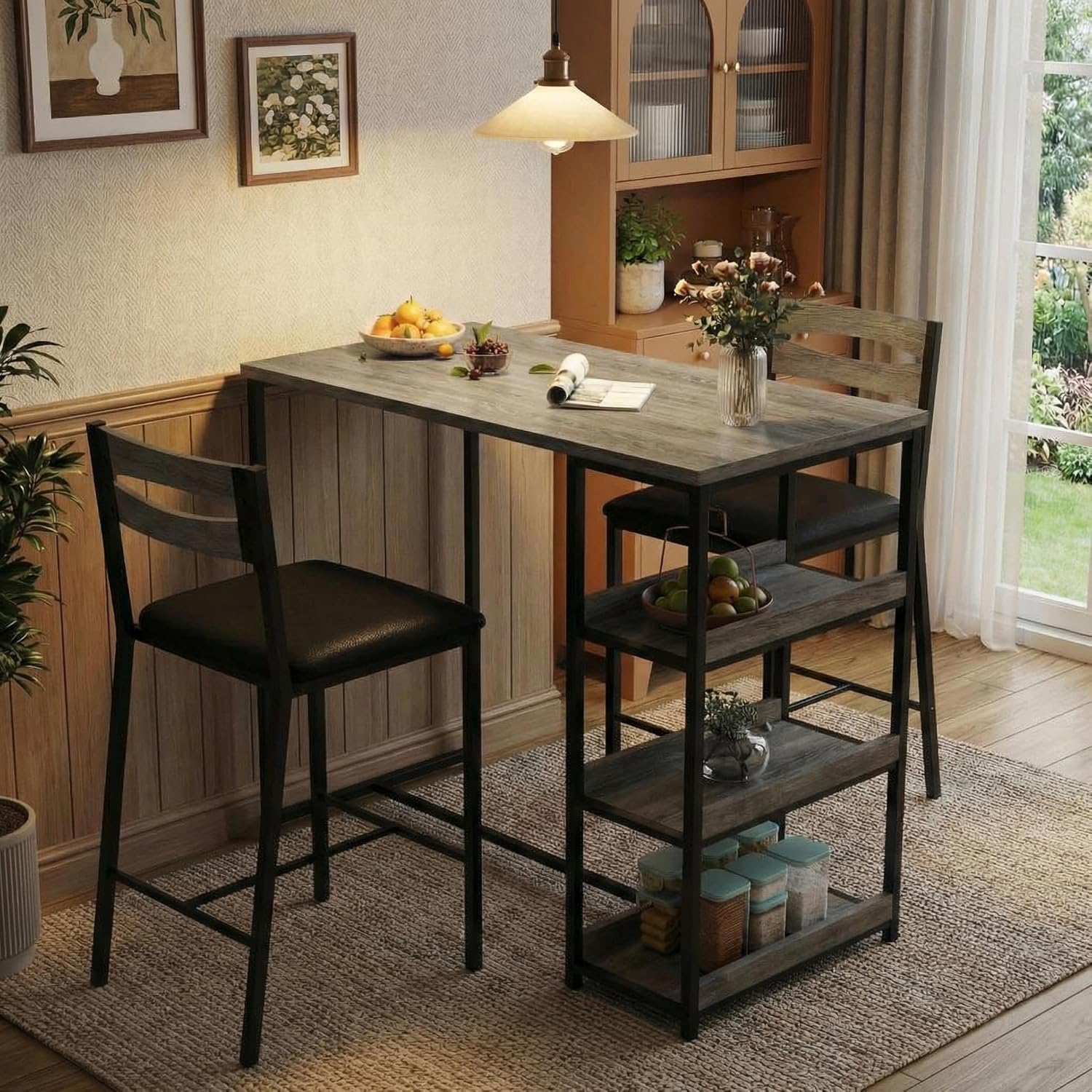GarveeHome 3-Piece Kitchen Table Set with Storage Shelves & 2 Upholstered Chairs - Iron and Wood Dining Table for Small Spaces, Apartments, Condos, Grey