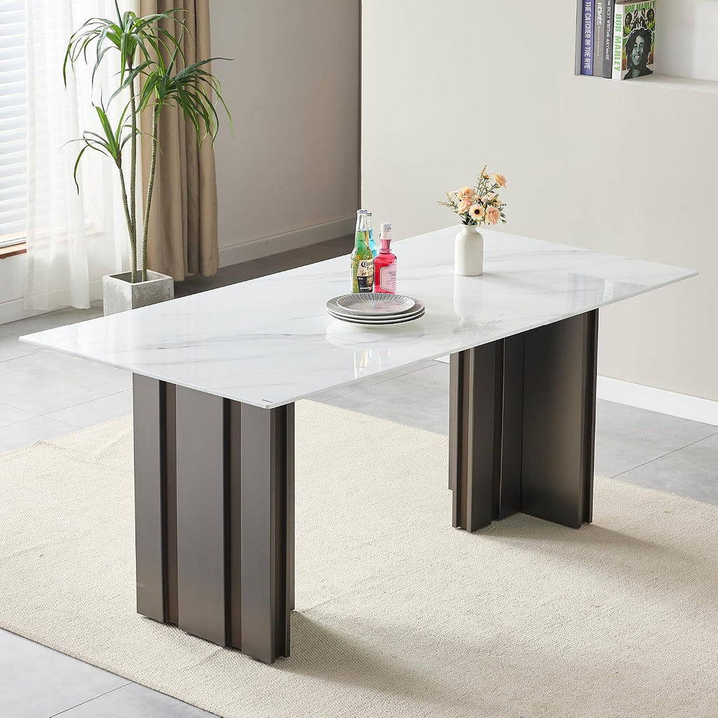 70 inch Faux Marble Dining Table for 4 to 6, Modern Dining Table with White Marble Texture Tabletop & Matte Brushed Stainless Steel Base, Rectangular Kitchen Dining Table for Dinner Party Gatherings