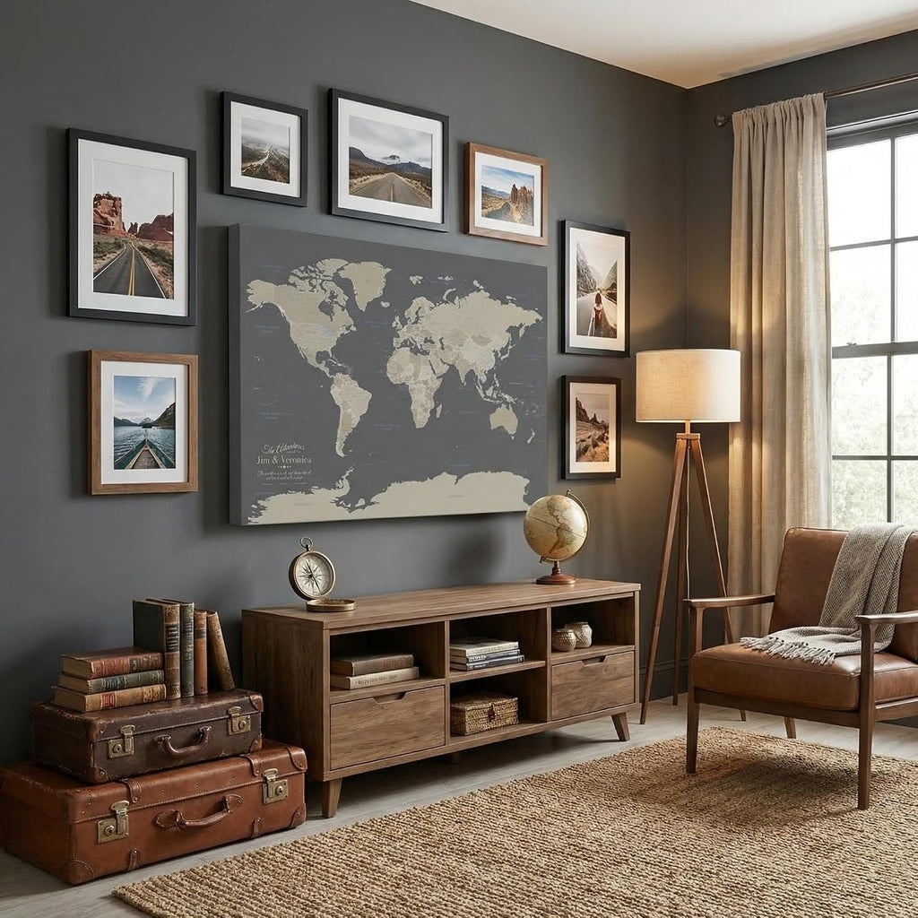 Earth Tone World Map with Pins – Personalized Canvas Push Pin Map – Framed World Travel Wall Decor – Gallery Wrap - 24' x 36'