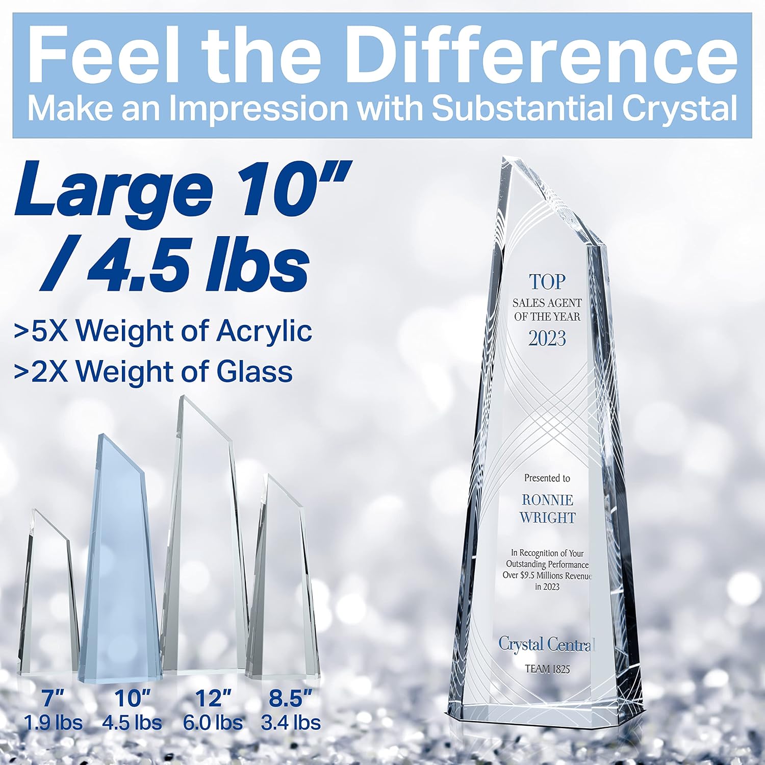 Crystal Peak Top Sales Award Trophy – Personalized Corporate Recognition Plaque with Custom Engraving for Sales Excellence, Quarterly Performance or Salesperson of The Year (L - 10')