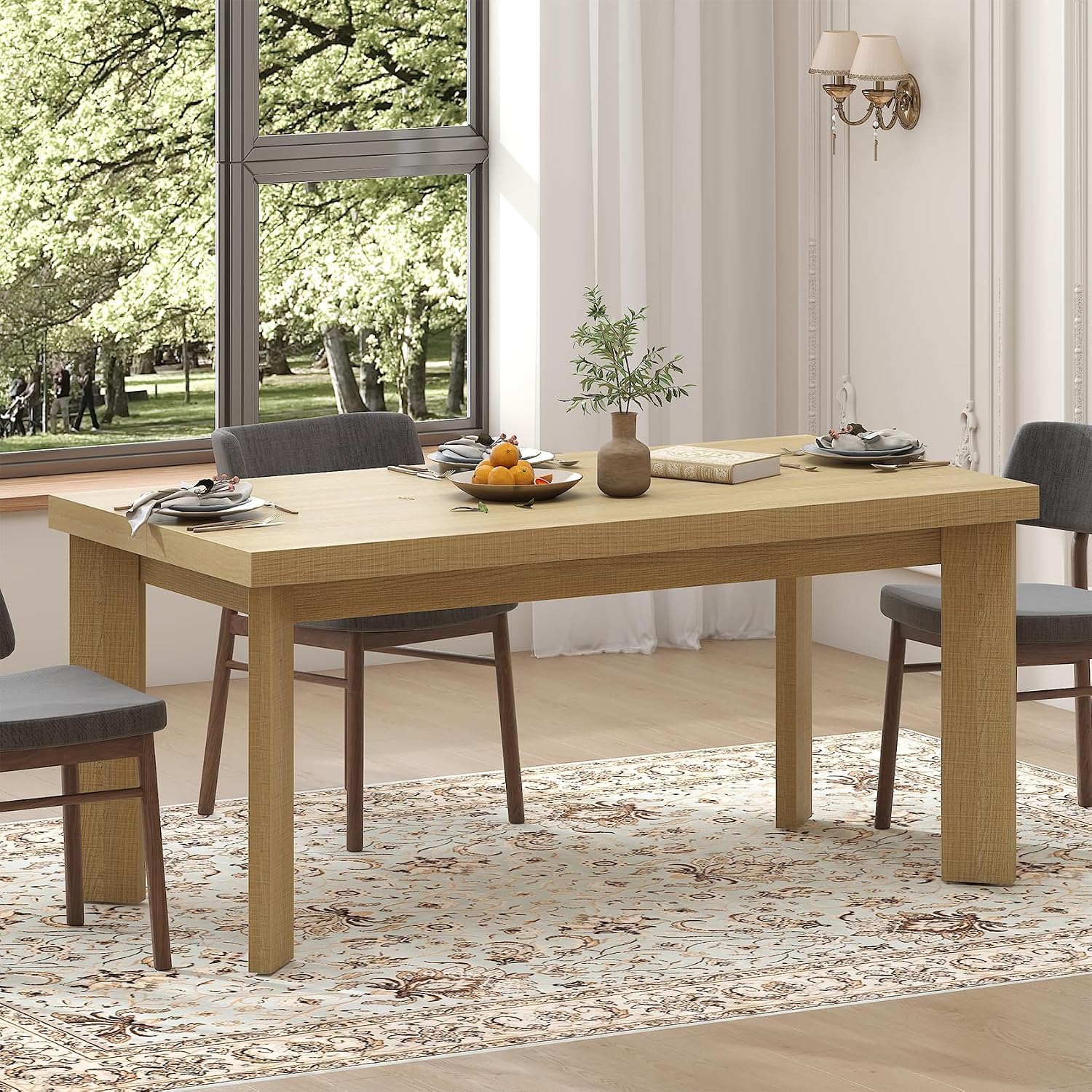 Bigbiglife 63 Inch Dining Table for 6, Indoor Outdoor Dining Table with Wood Legs, Kitchen Table with Large Tabletop, Rectangular Dinner Table for Dining Room, Living Room, Kitchen, Natural