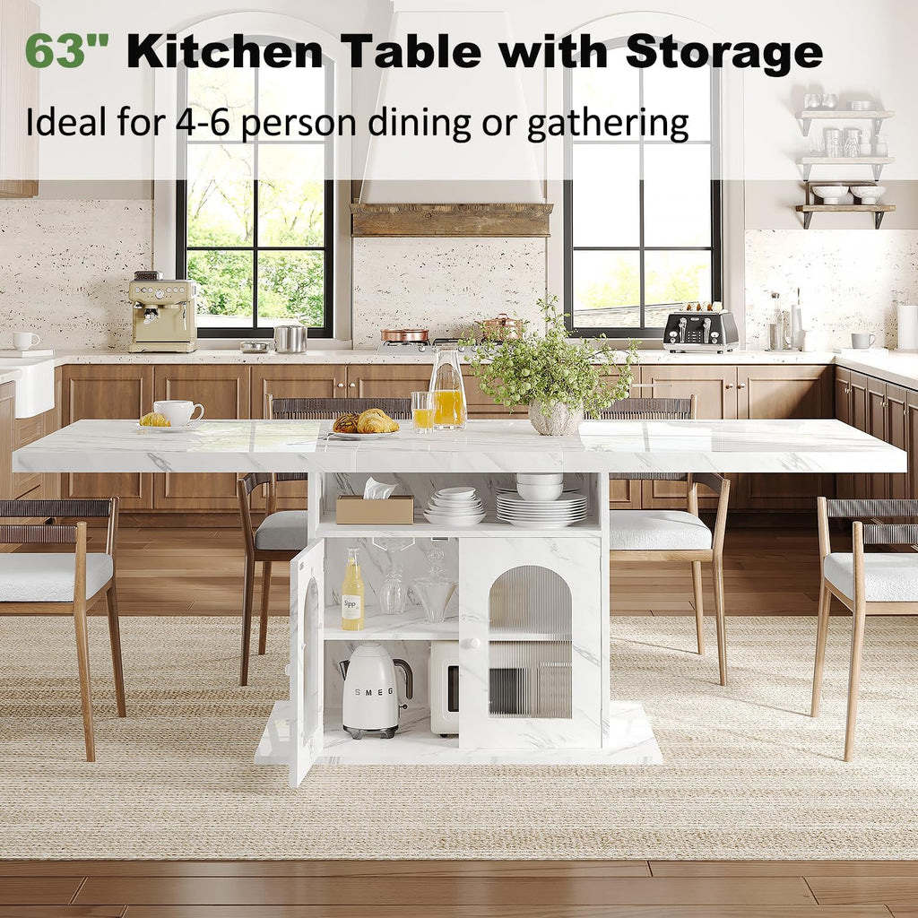 HSH Dining Table for 4–6, 63' Modern Kitchen Dining Room Table with Storage Shelves & Acrylic Door Cabinet,Wood Rectangle Dinner Table with Faux Marble Top for Home Apartment, White Faux Marble