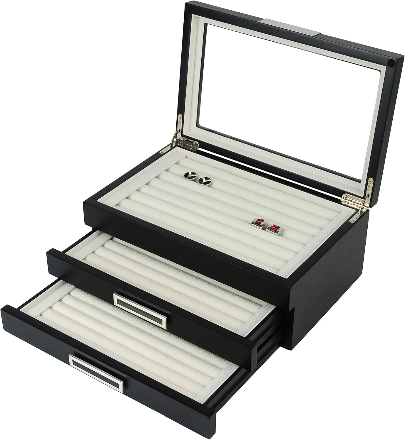 TIMELYBUYS Black Ebony Wood Cufflink Case & Ring Storage Organizer with Stainless Steel Engravable Design Accent Men's Jewelry Box for 108 Cufflinks