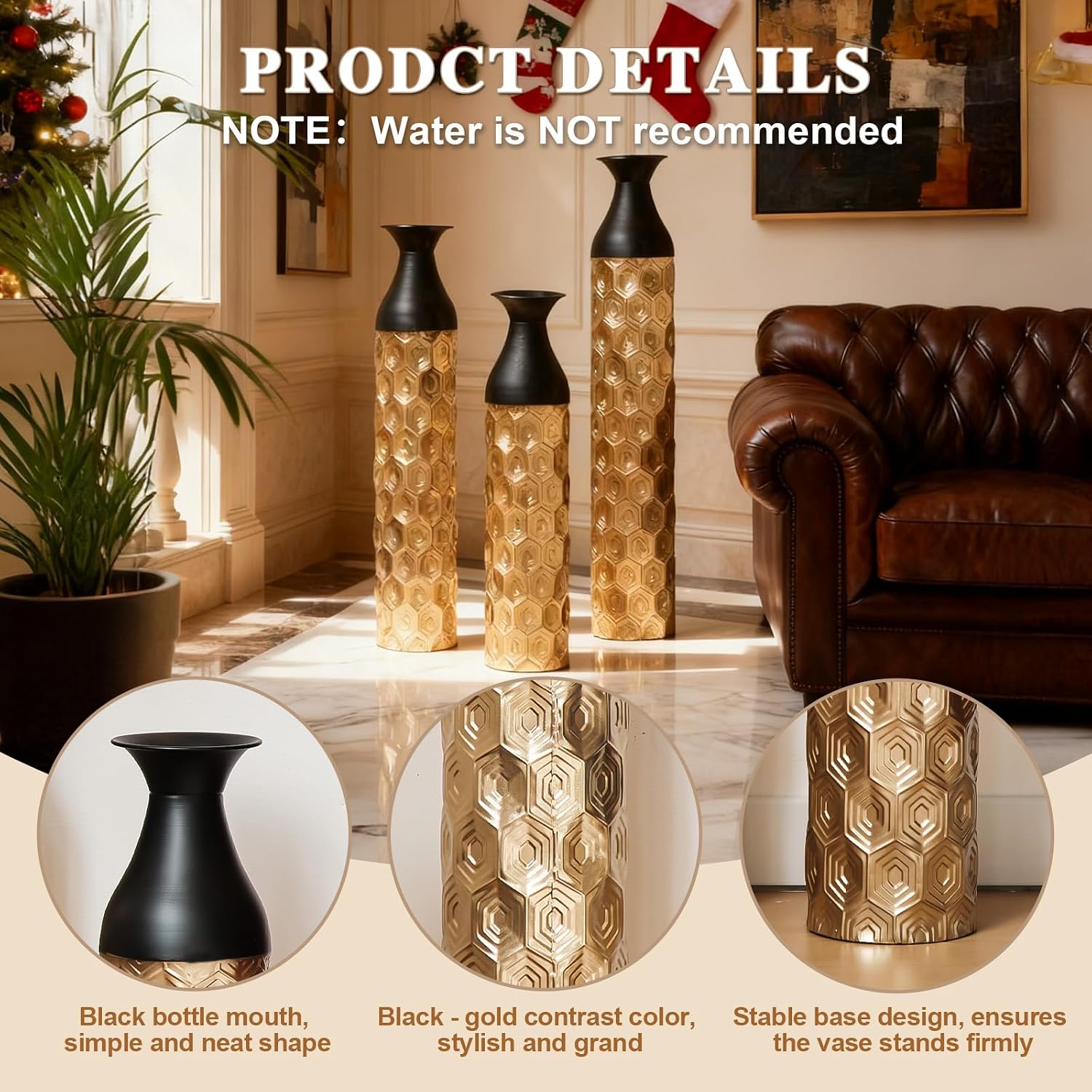 Floor Metal Decorated Vases Set of 3 for Gorgeous Home Decoration Large Glazed Metal Vases (Black+Gold)