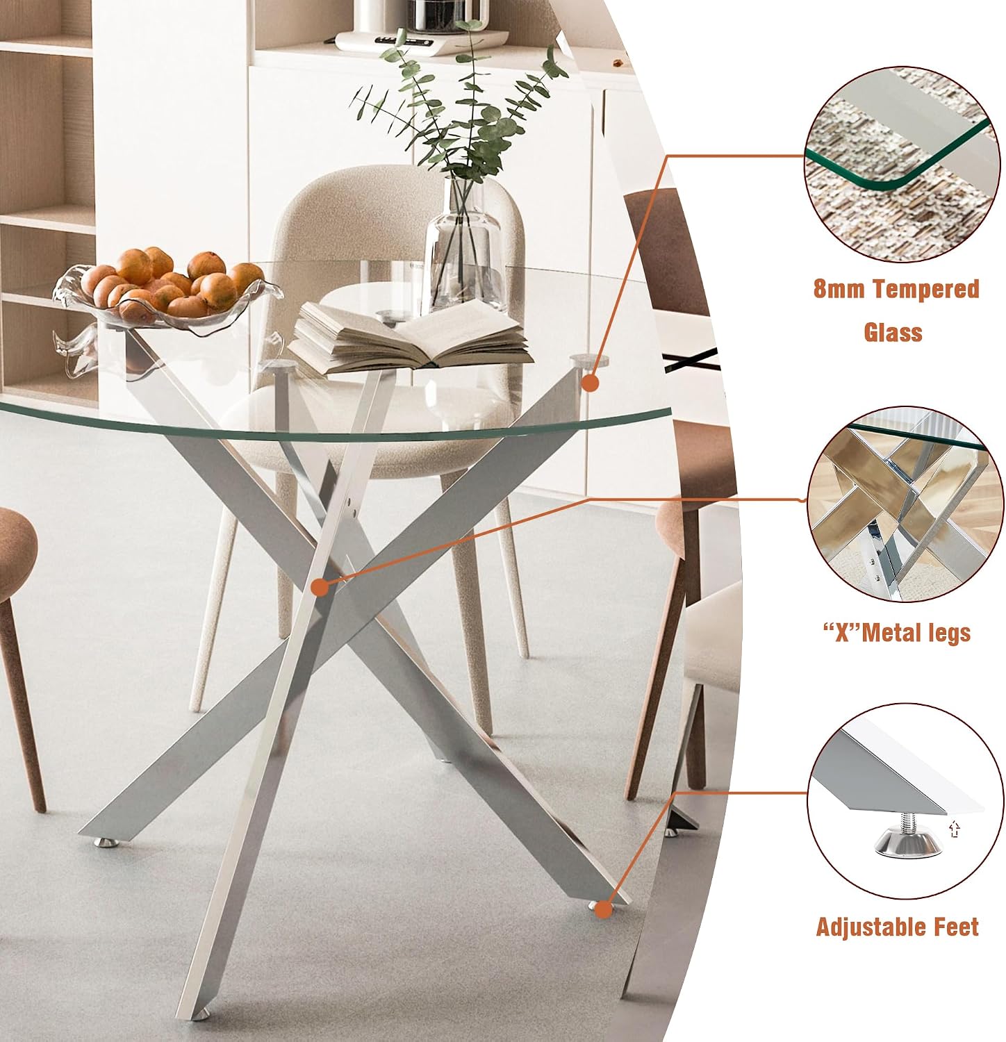 47.25' Round Dining Table for 6, Modern Clear Glass Kitchen Table for 6 with Silver X Metal Legs, Contemporary Small Circle Dining Room Leisure Tables for Kitchen Apartment
