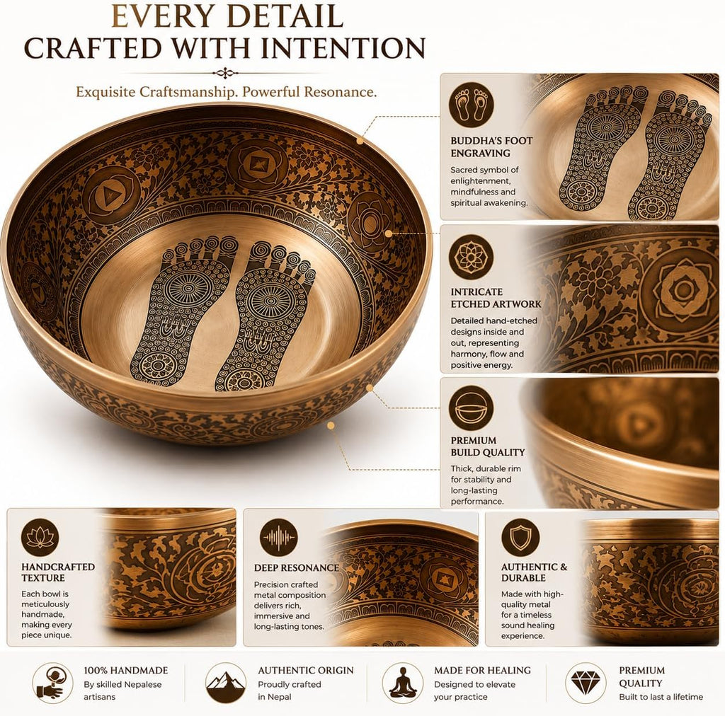 16 Inch Buddha Foot Singing Bowl Handmade in Nepal | Etched Meditation Sound Bowl for Healing Sound Bath Yoga Relaxation Mindfulness & Spiritual Wellness