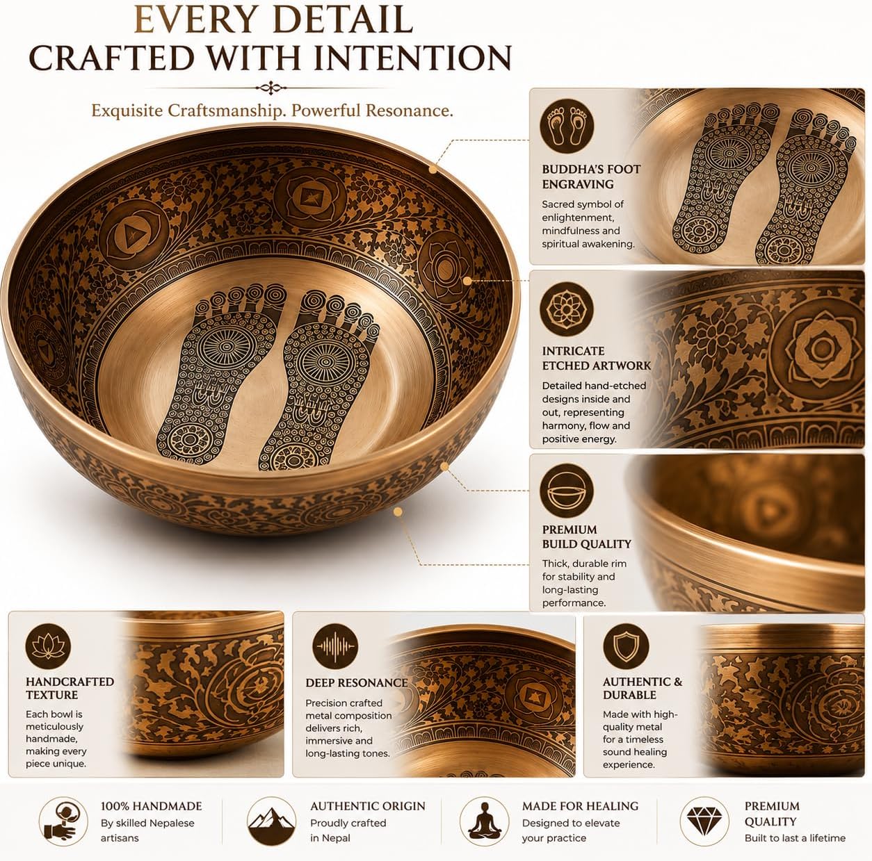 16 Inch Buddha Foot Singing Bowl Handmade in Nepal | Etched Meditation Sound Bowl for Healing Sound Bath Yoga Relaxation Mindfulness & Spiritual Wellness