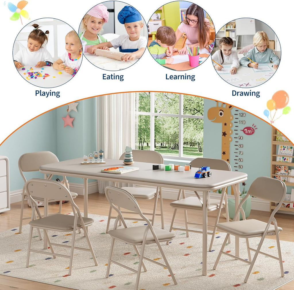 IDEALHOUSE 7 Piece Folding Kids Table and Chairs Set, Children Activity Table and Chairs Set for Dining Room,Daycare,Classrooms