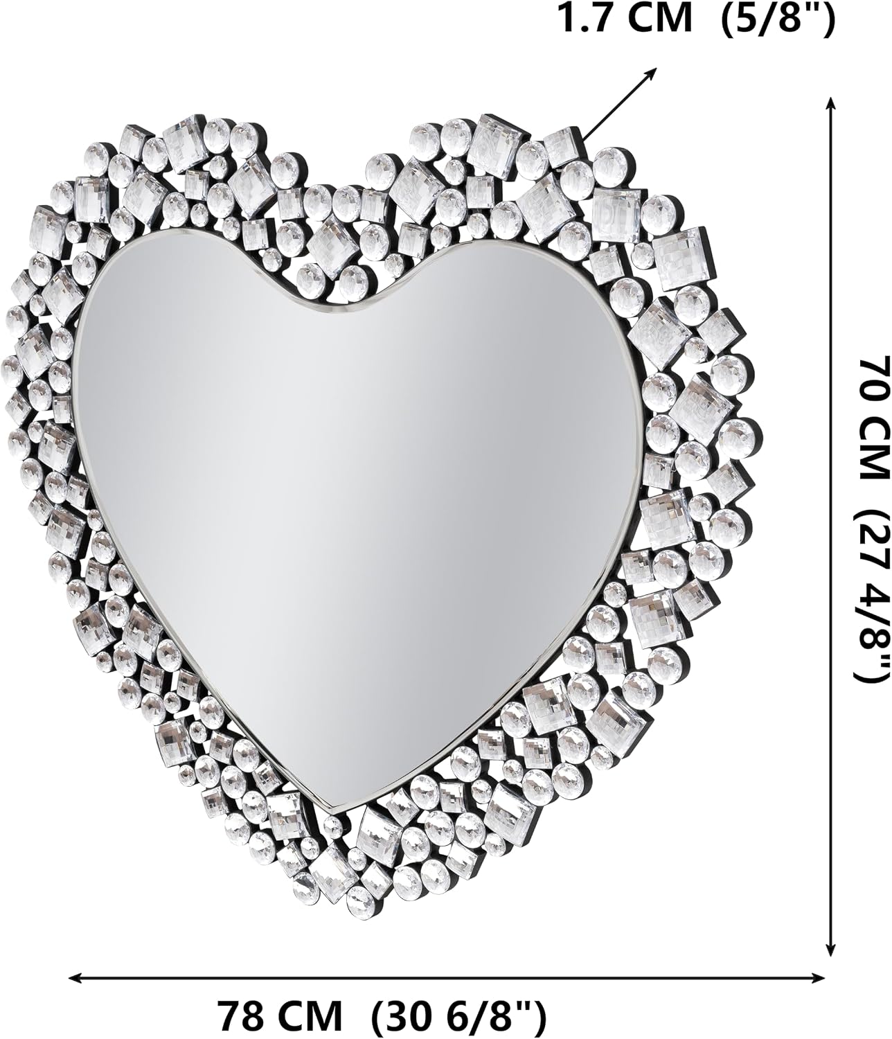 SHYFOY Decorative Heart Wall Mirror, 27.6x30.7 Crystal Round Mirror for Wall Decor, Jeweled Framless Wall Mirrors Modern Accent Silver Wall Decor for Bedroom Livingroom Hallway