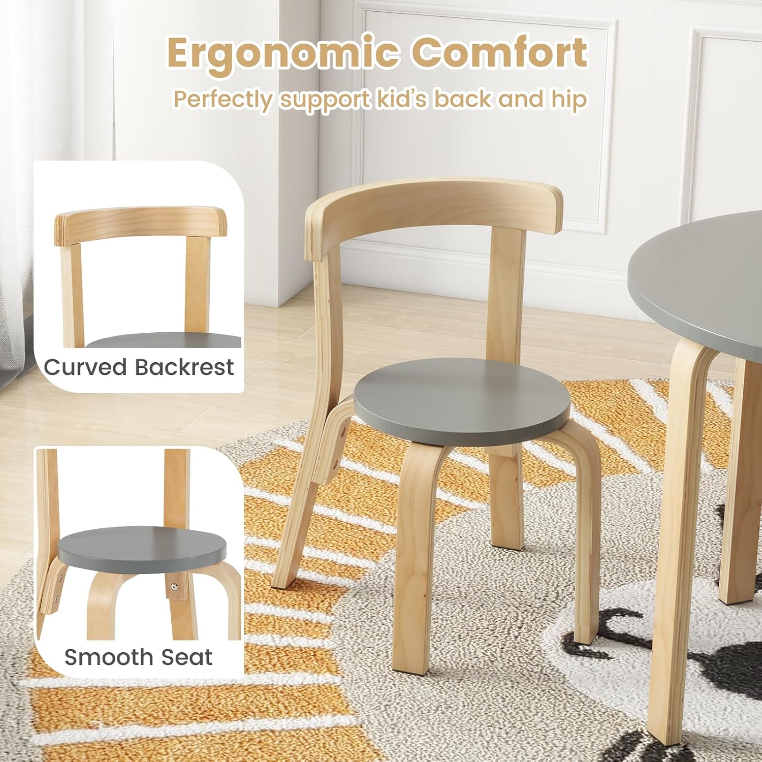 HONEY JOY Kids Table and Chair Set, Bentwood Toddler Round Table and 4 Chairs for Craft Art, Building Block, 5-Piece Children Furniture Set for Daycare, Kindergarten, Playroom (Gray)