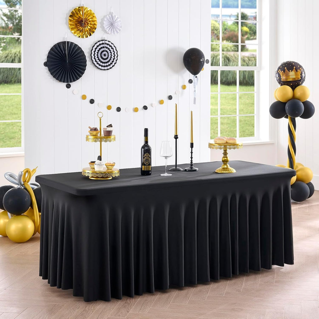 Outpain Black Spandex Tablecloth for 8 Foot Rectangle Tables, 6 Pack Black Wrinkle Free Fitted Table Cloths 8ft Stretchy Banquet Table Clothes Cover Desk Skirt for Birthday Wedding Parties Baby Shower