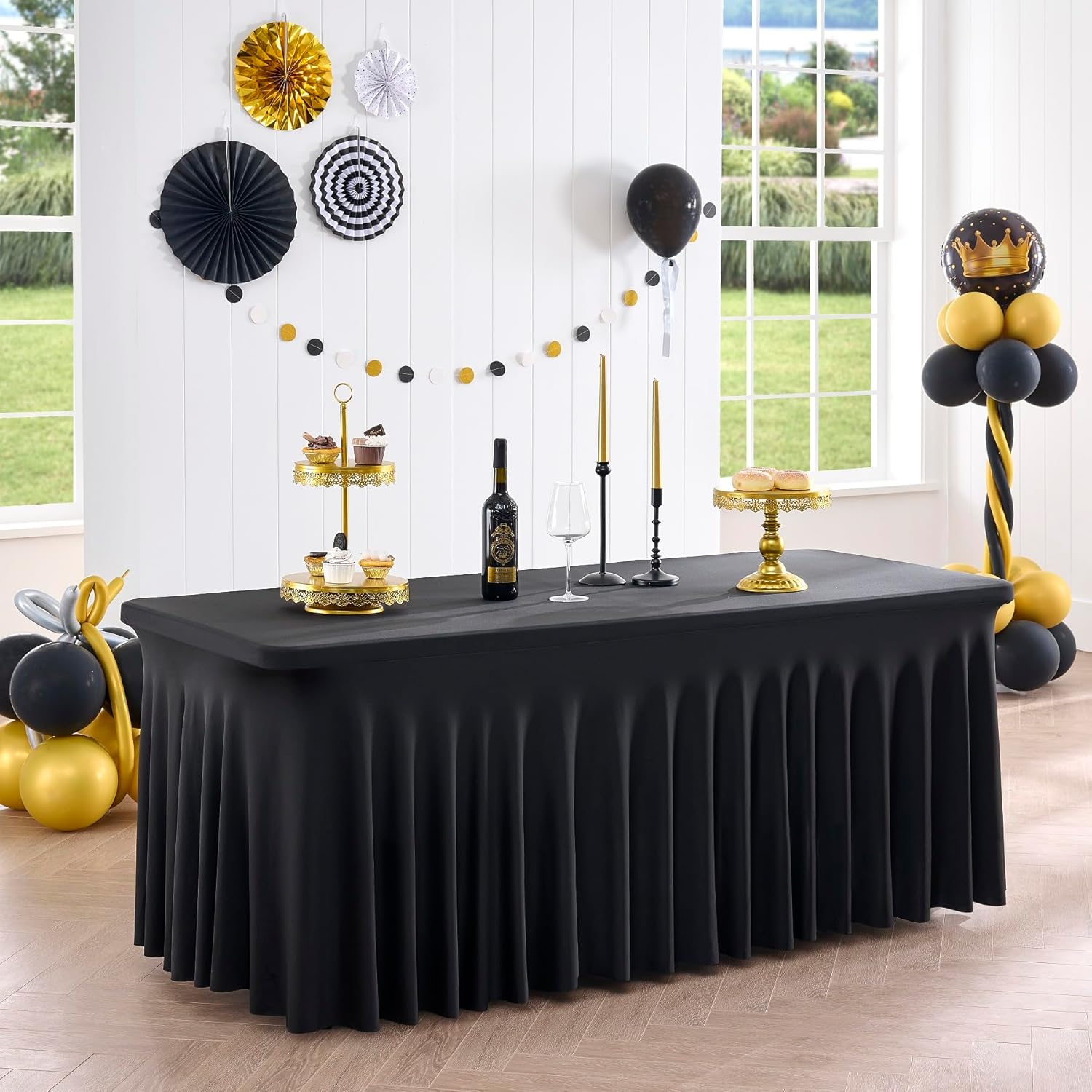 Outpain Black Spandex Tablecloth for 8 Foot Rectangle Tables, 6 Pack Black Wrinkle Free Fitted Table Cloths 8ft Stretchy Banquet Table Clothes Cover Desk Skirt for Birthday Wedding Parties Baby Shower