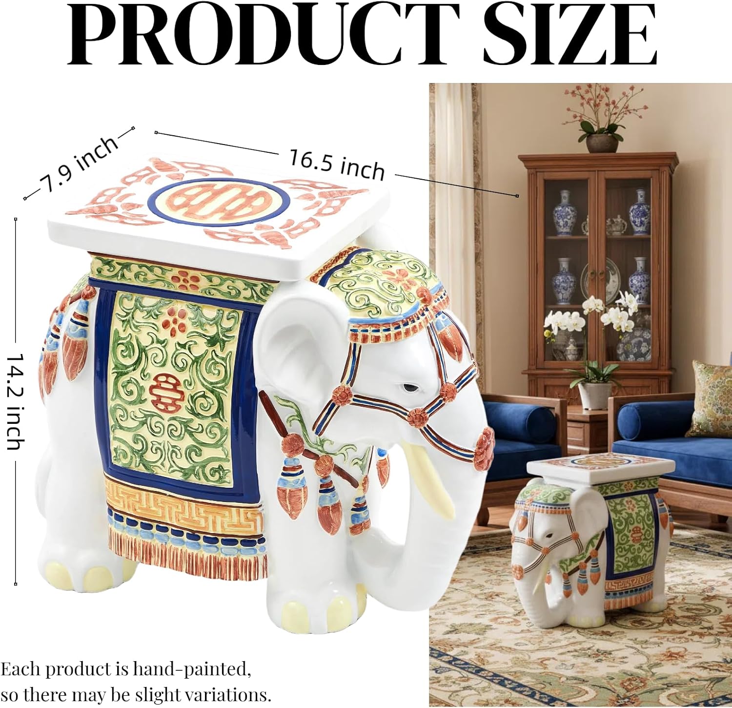 Leinuosen Elephant Garden Stool 16.5 Inch - Resin Elephant Side Table & Plant Stand, Indoor Outdoor Decorative Accent Table for Patio Balcony Living Room, Bohemian Home Decor Gift(Primary Color)