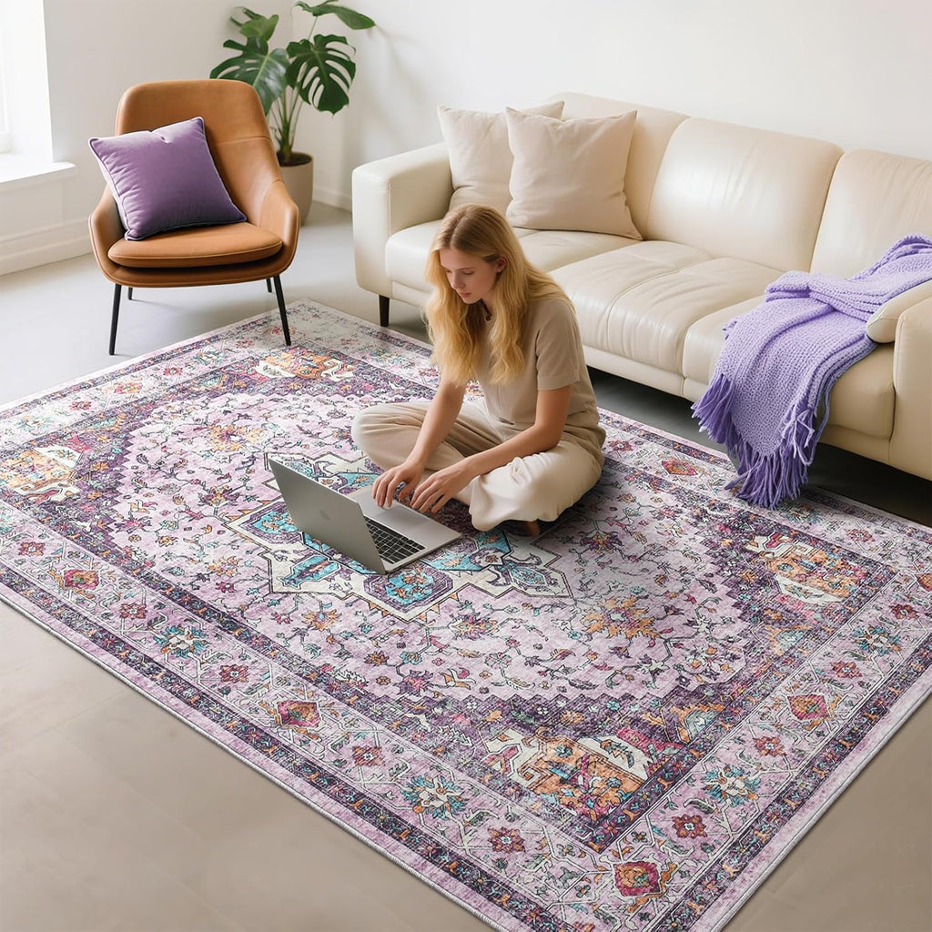Softlife Washable Area Rug for Living Room, 8x10 Purple Large Boho Accent Rugs for Bedroom Bathroom Kitchen Under Dinning Table, Neutral Non-Slip Carpet for Nursery Kids Laundry Dorm Home Decor