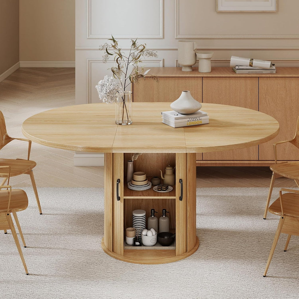 47.2'–63' Extendable Dining Room Table for 4-8, Round-to-Oval Expandable Dining Table with Dust-Proof 2-Tier Shelf, Space-Saving Wood Kitchen Table for Living Room, Oak