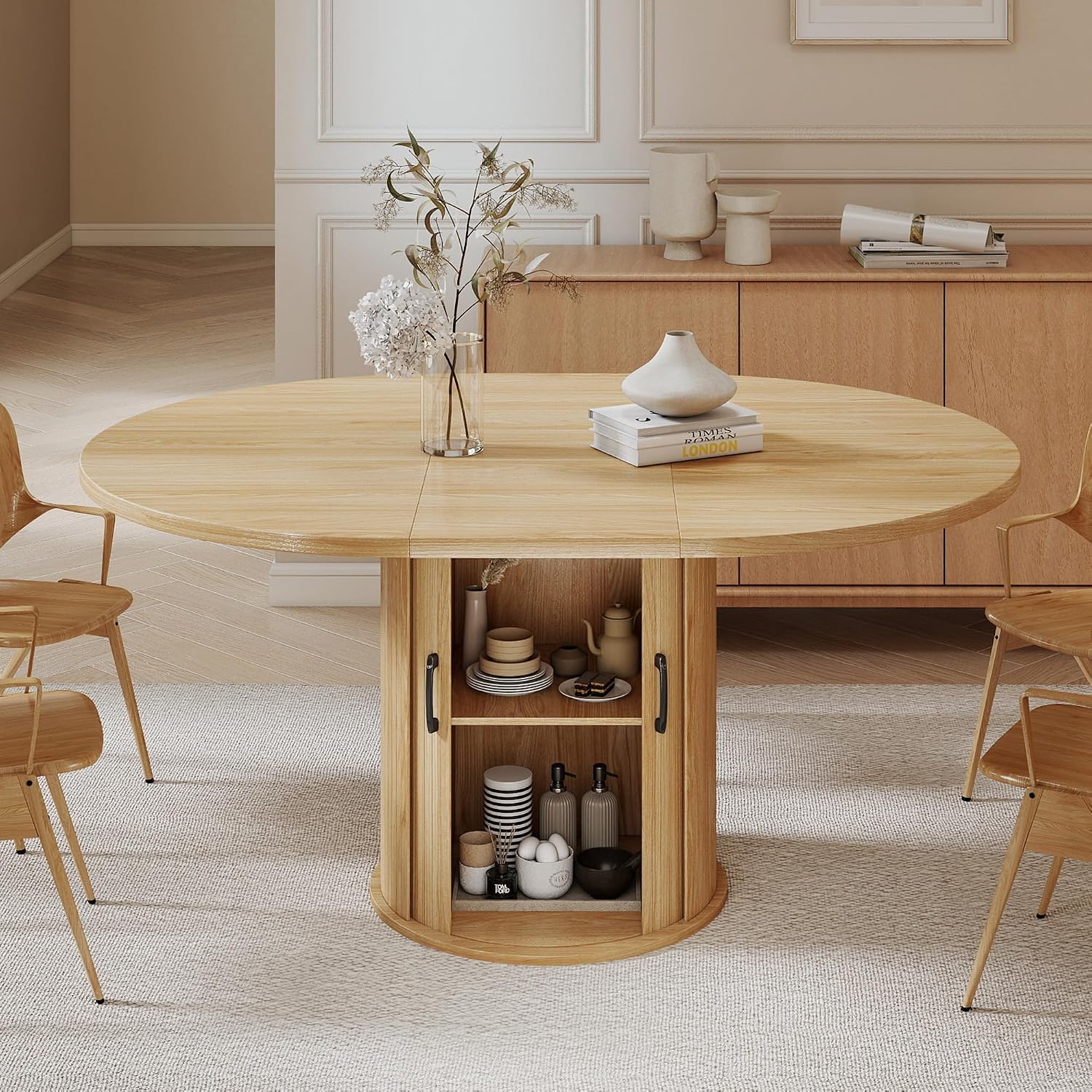 47.2'–63' Extendable Dining Room Table for 4-8, Round-to-Oval Expandable Dining Table with Dust-Proof 2-Tier Shelf, Space-Saving Wood Kitchen Table for Living Room, Oak