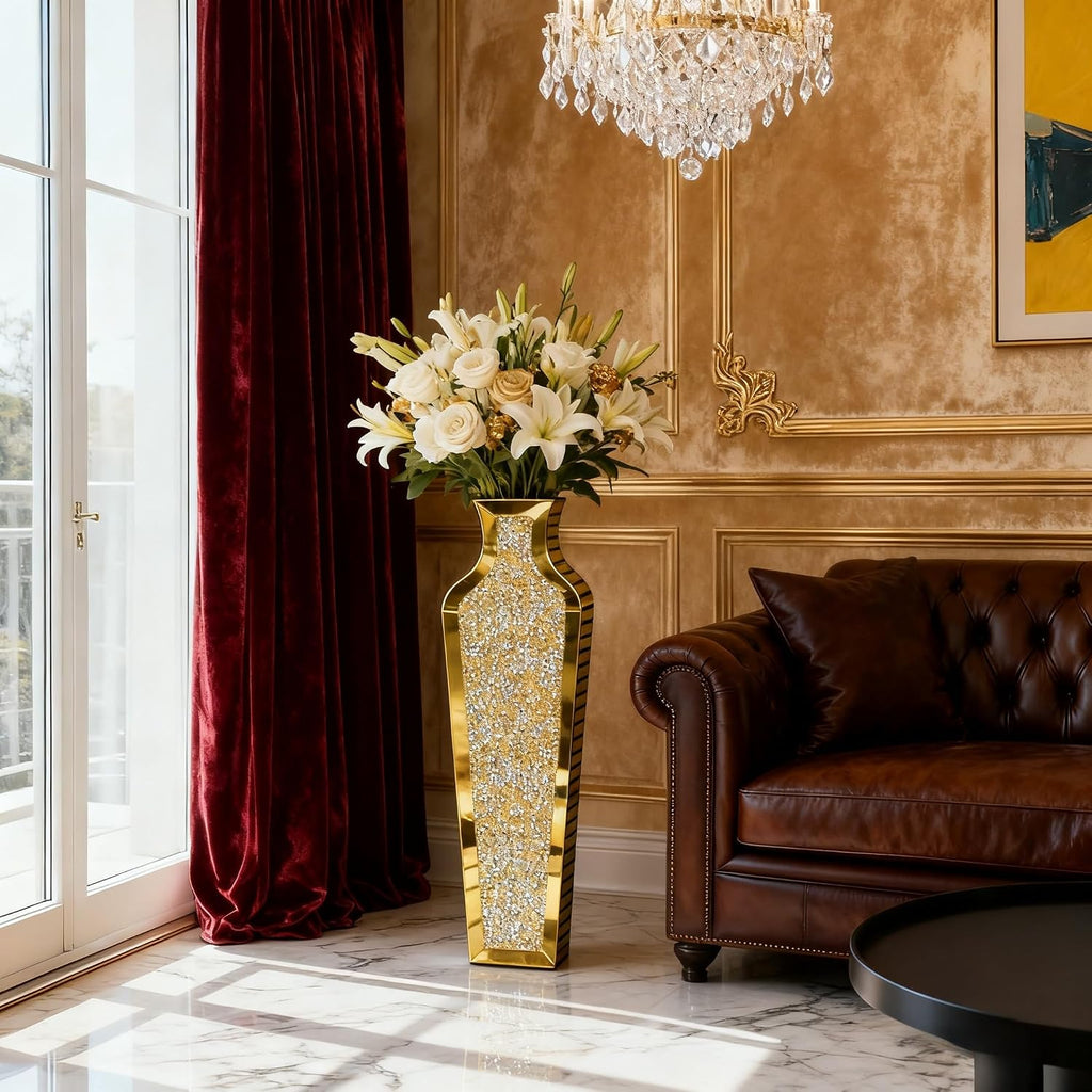 SHYFOY Gold Crushed Diamond Floor Vase, Large Mirrored Tall Vases for Floor, Modern Glass Decorative Vases for Living Room Bedroom Home Corner Indoor Office, 26.8' Tall