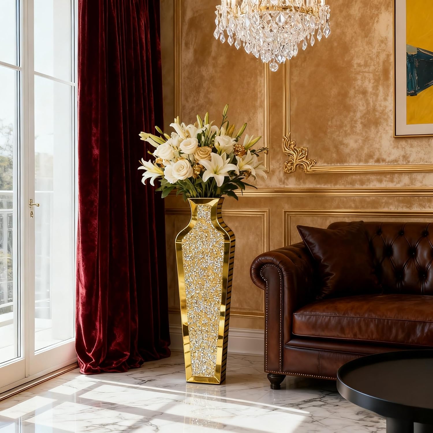 SHYFOY Gold Crushed Diamond Floor Vase, Large Mirrored Tall Vases for Floor, Modern Glass Decorative Vases for Living Room Bedroom Home Corner Indoor Office, 26.8' Tall