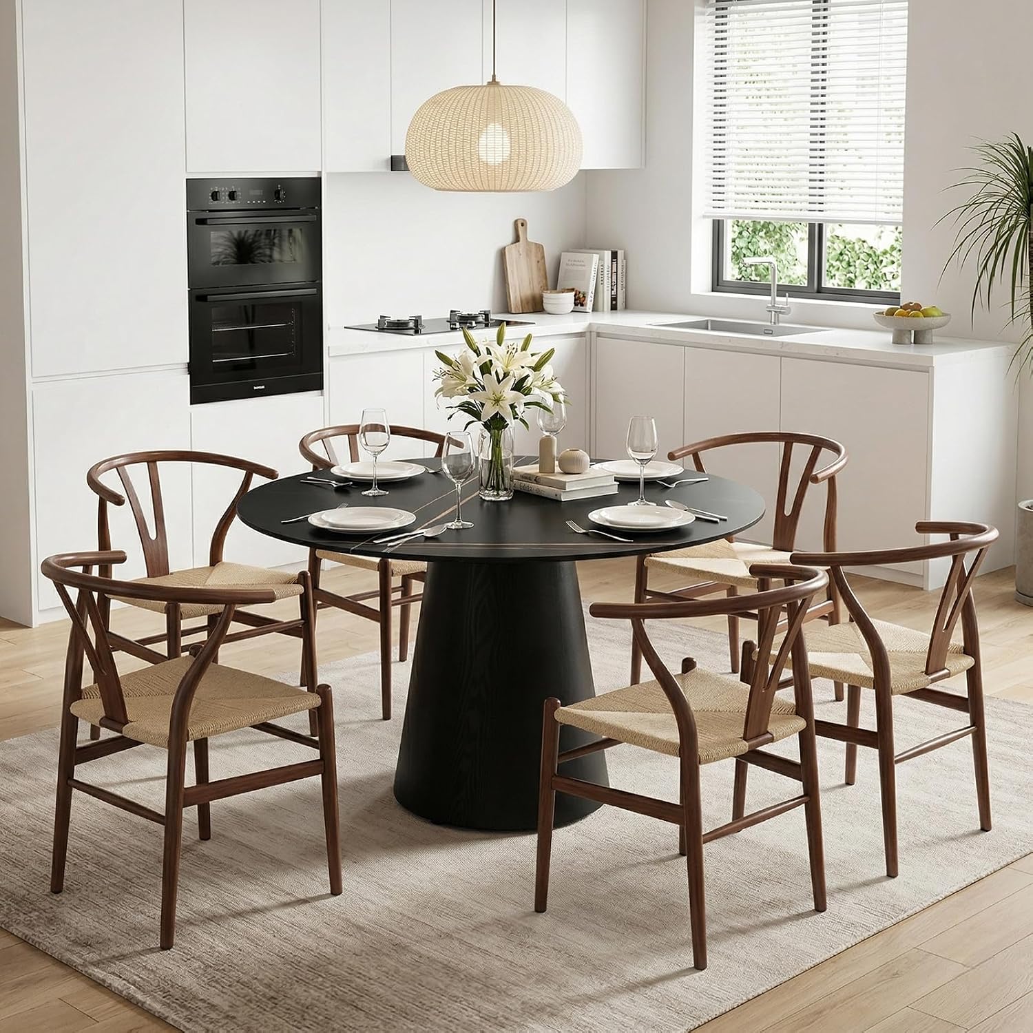 Faux Marble Round Dining Table for 4-6, 42' Modern Round Kitchen Table with Sintered Stone Top and Wood Stable Pedestal for Apartment,Restaurant,Small Space (Black