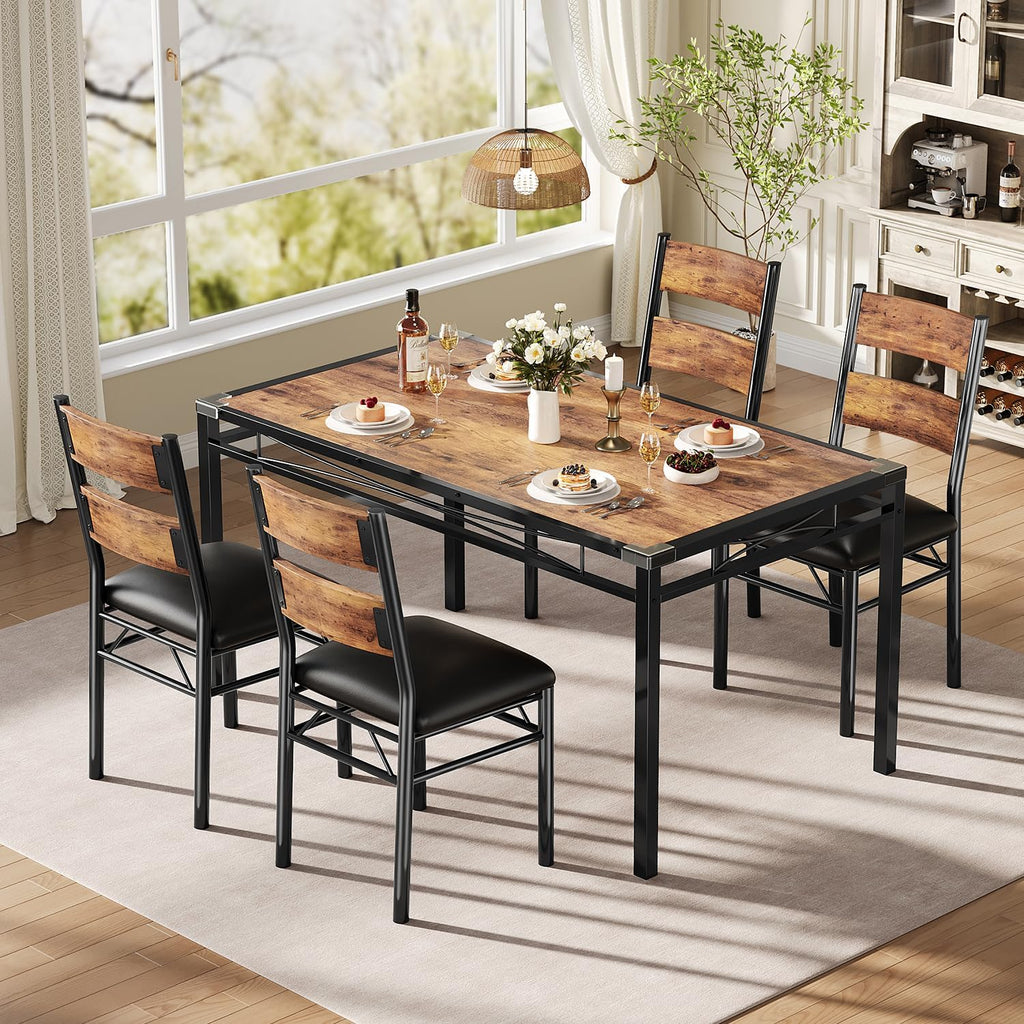 IDEALHOUSE Wood Dining Table Set for 4 with Corner Protector, Kitchen Table Chairs Set of 4 with Upholstered Chairs, Dining Room Table Set for 4, for Dining Room, Apartment,Retro Brown