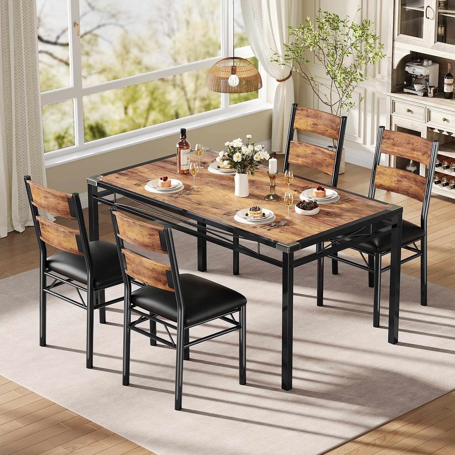 IDEALHOUSE Wood Dining Table Set for 4 with Corner Protector, Kitchen Table Chairs Set of 4 with Upholstered Chairs, Dining Room Table Set for 4, for Dining Room, Apartment,Retro Brown