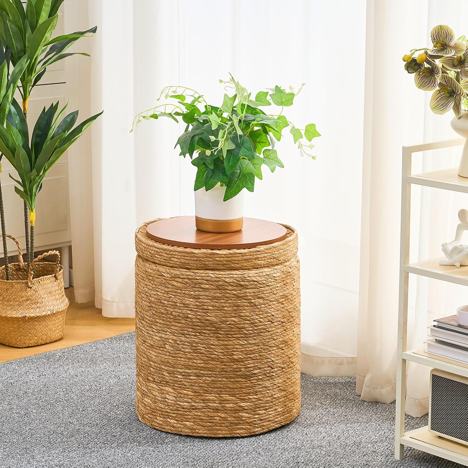 Wimarsbon Round Pouf Ottomans, Handwoven Natural Water Hyacinth Seagrass Pouffe,Outdoor Rattan Stool Accent Seat, Bohemian Coastal Home Decor (Cattail Nested Set-Natural)