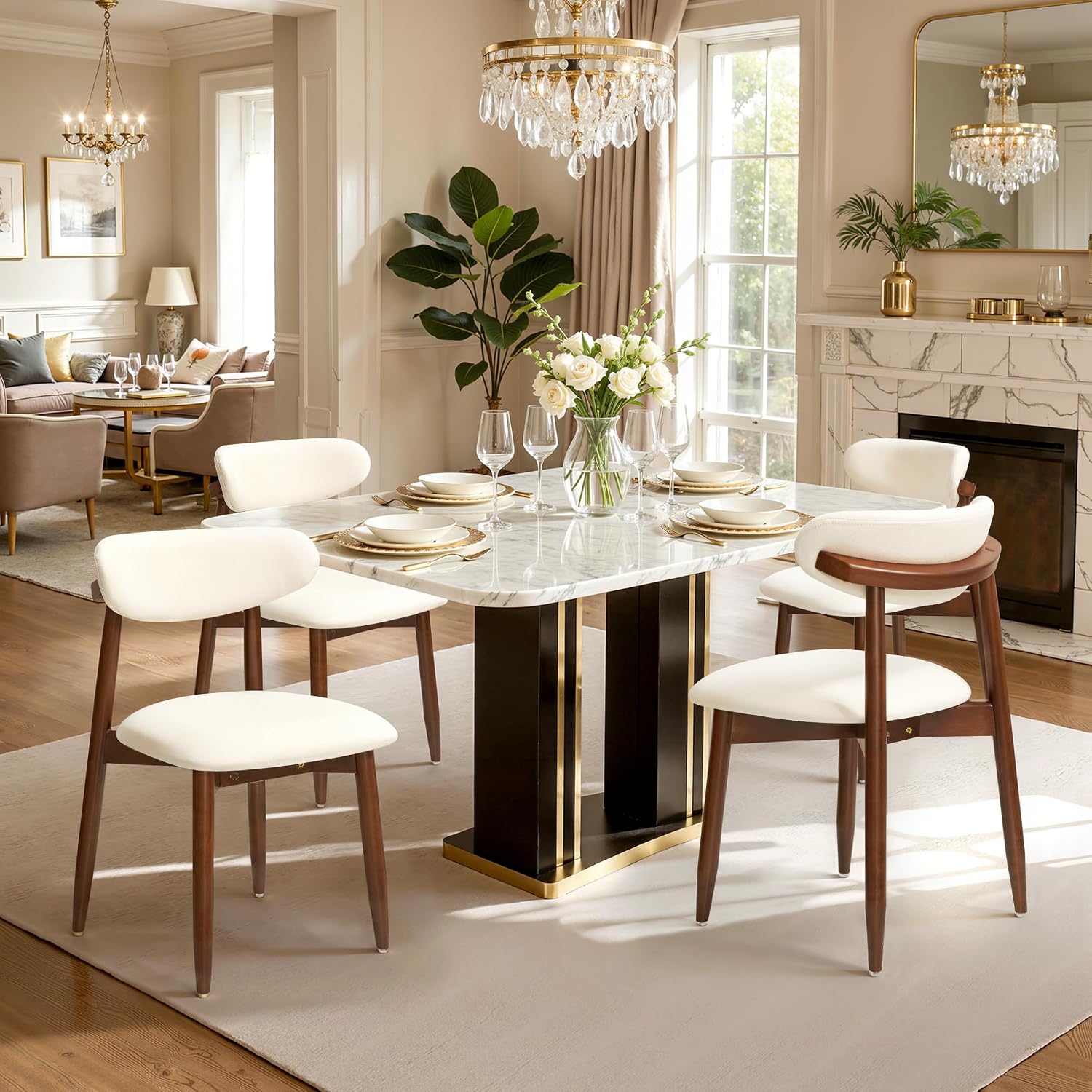 CHUN YI Dining Chairs Set of 2, Upholstered Solid Wood Dining Room Chairs, Mid Century Modern Fabric Kitchen Side Chairs with Ergonomic Curved Back, Beige