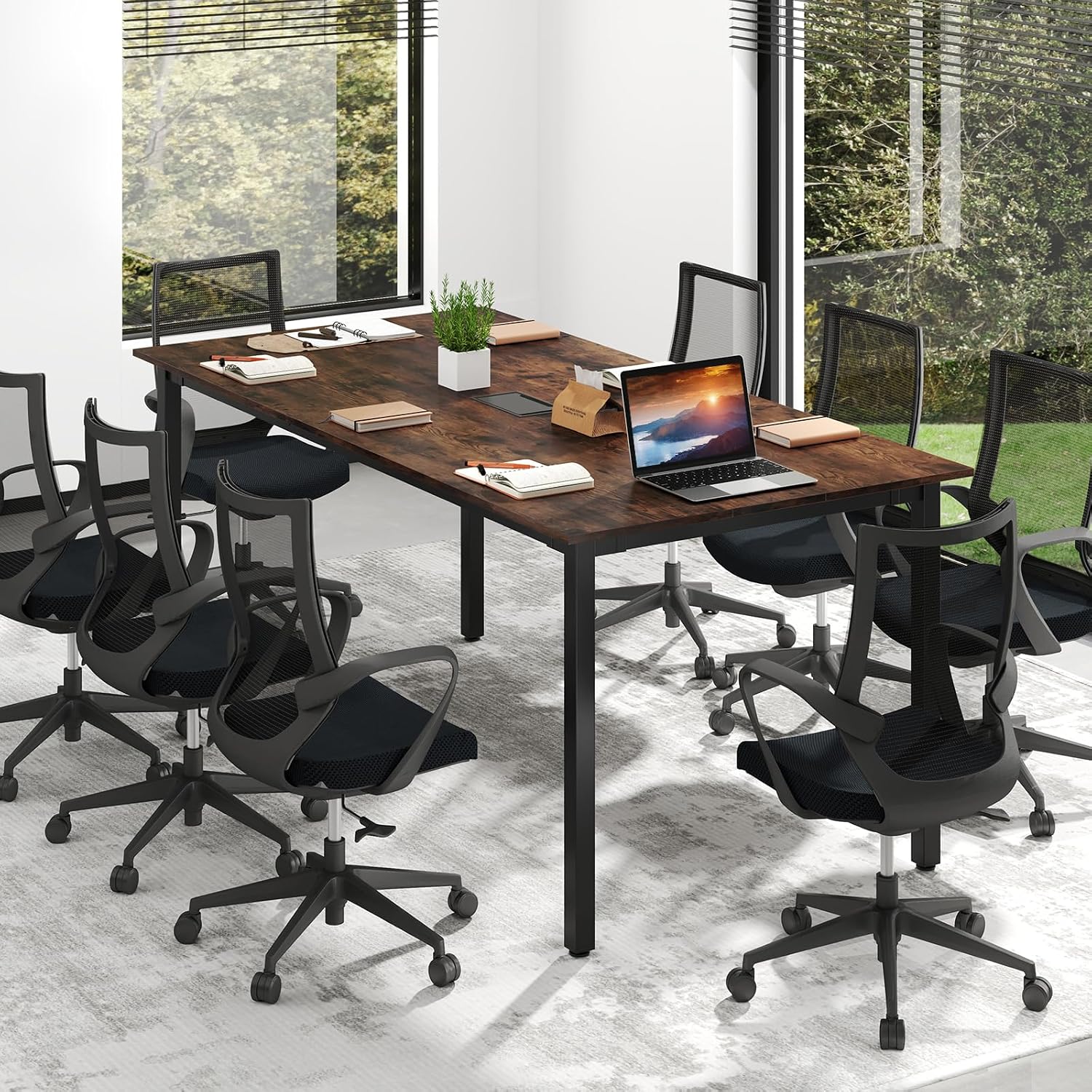Giantex 6 FT Conference Table for 8-10 People, Modern 71' L x 35.5' W Large Meeting Table with Metal Frames, Rectangle Conference Room Table with Cable Grommet for Office, Boardroom, Rustic Brown