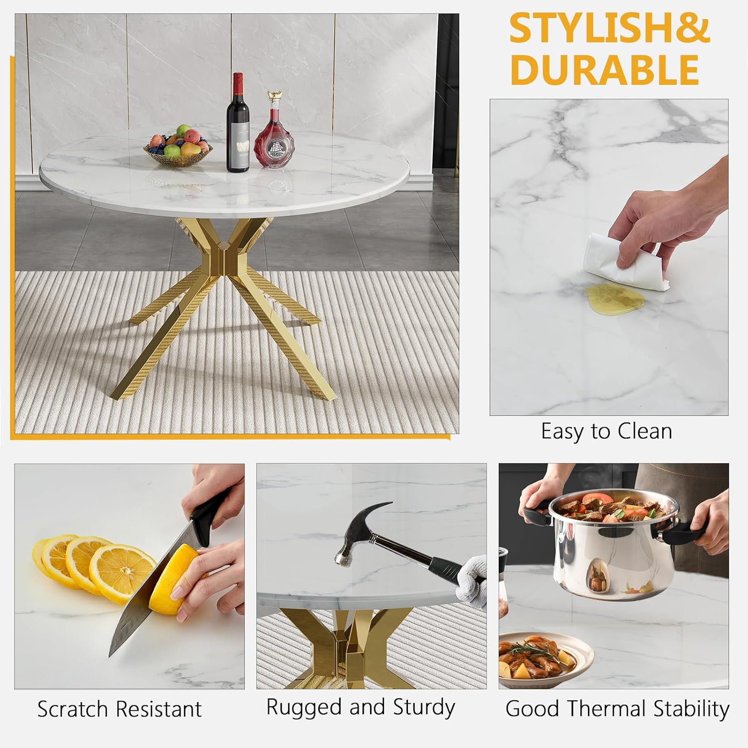 45.28' White Round Marble Dining Table, Circle Dining Room Table with Faux Marble Top & Gold Stainless Steel Leg, Modern Kitchen Table for 2 to 4 Person, Small Round Dinner Table for Dinette Breakfast