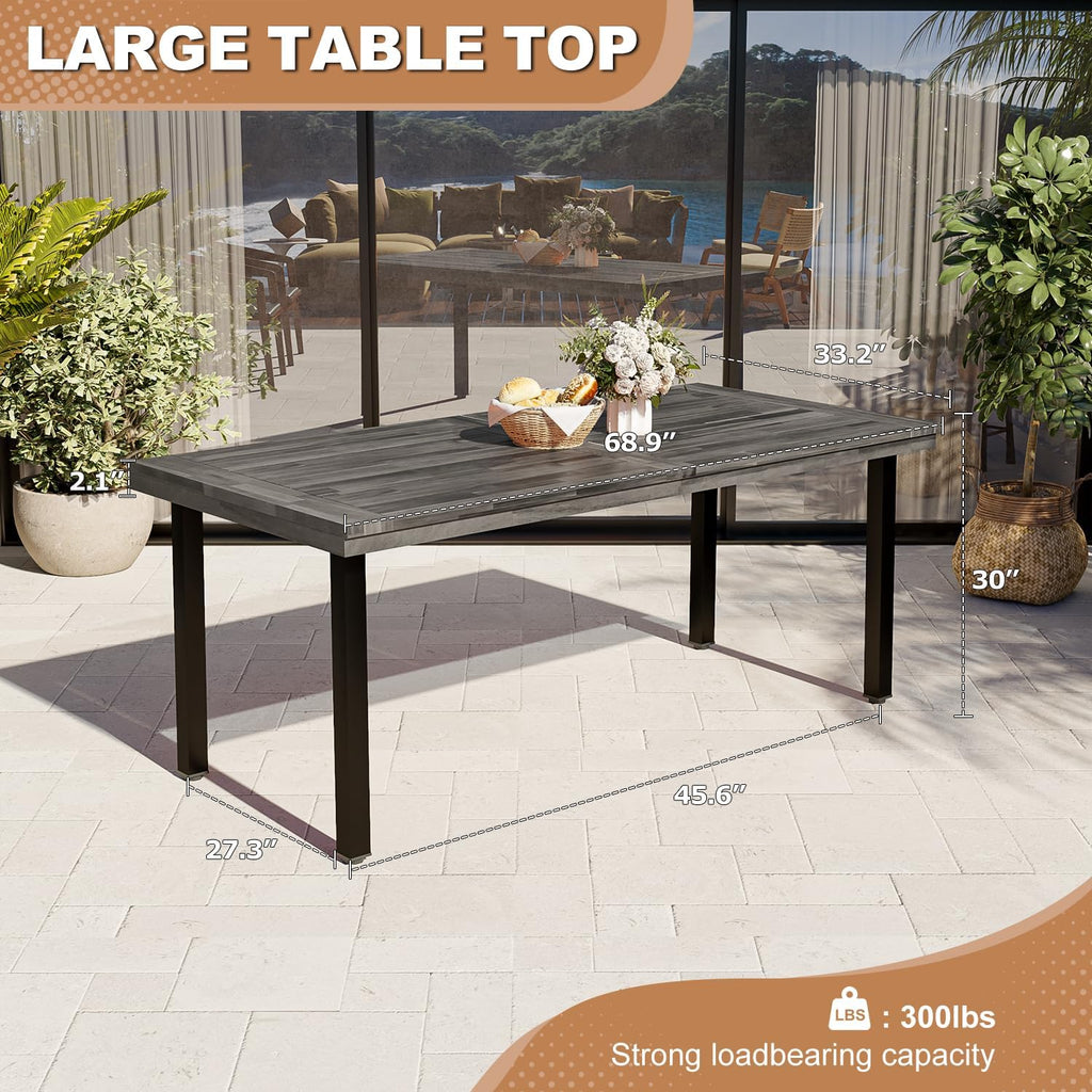 OFIKA Dining Table for 6-8 People, 70' Acacia Wood Rustic Rectangular Dinner Table with Metal Frame, Sandblast Finish, Natural Stained, Indoor Outdoor Kitchen Dining Room Table Large 70x33.2x30 inch