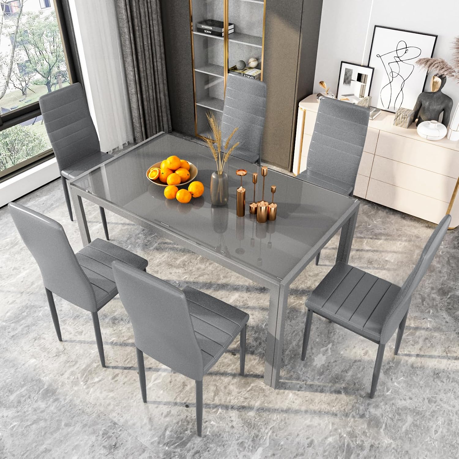 DKLGG 7-Piece Dining Table Set for 6, Tempered Glass Kitchen Table with PU Leather Chairs, Modern Dining Room Table Set for Small Space, Dinette, Apartment, Grey