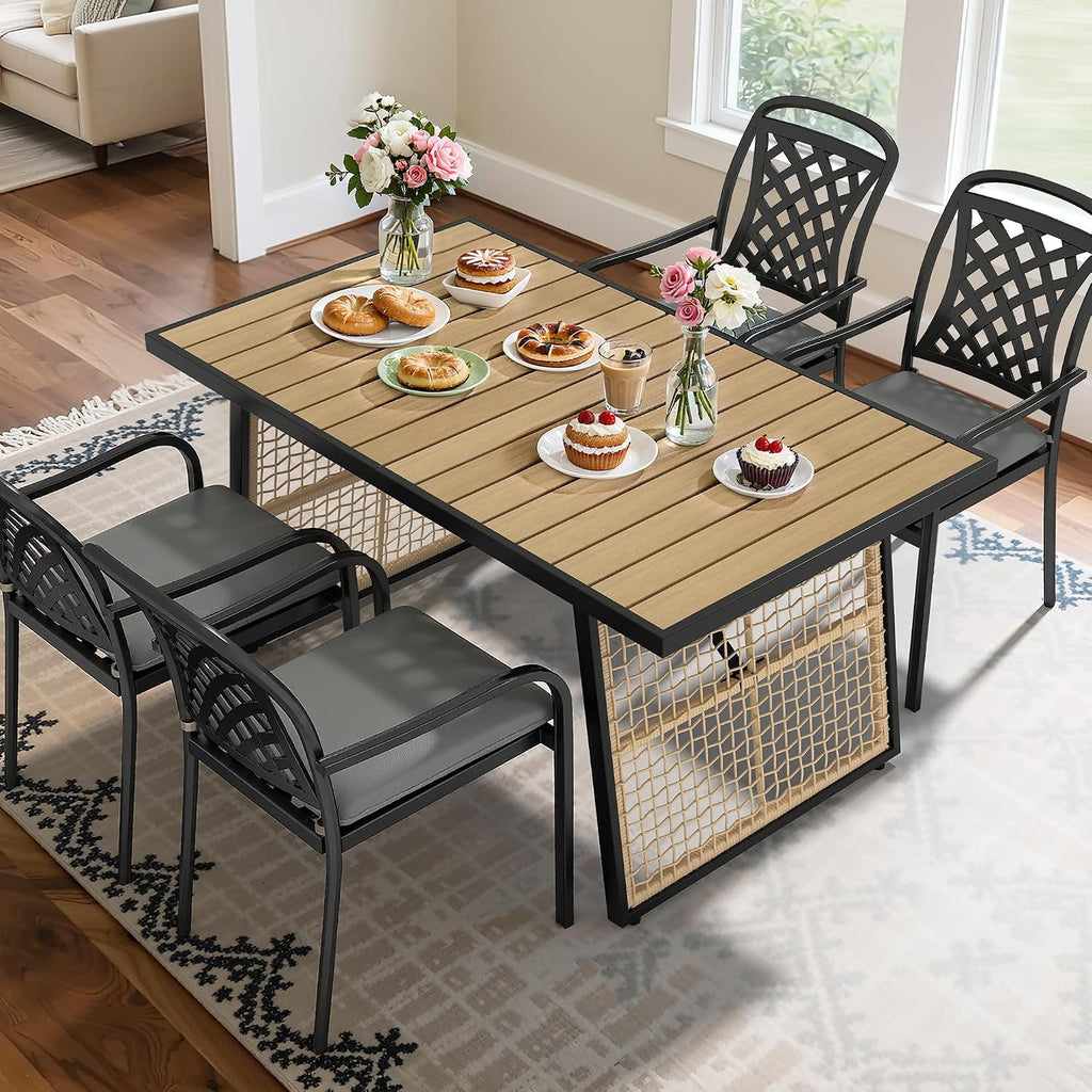 YITAHOME Dining Table 59.1'x34.3' Rectangular Patio Table with Metal Frame & Rattan Mesh All-Weather Outdoor Patio Dining Table for 6 Outdoor Table with Adjustable Feet for Outdoor/Indoor
