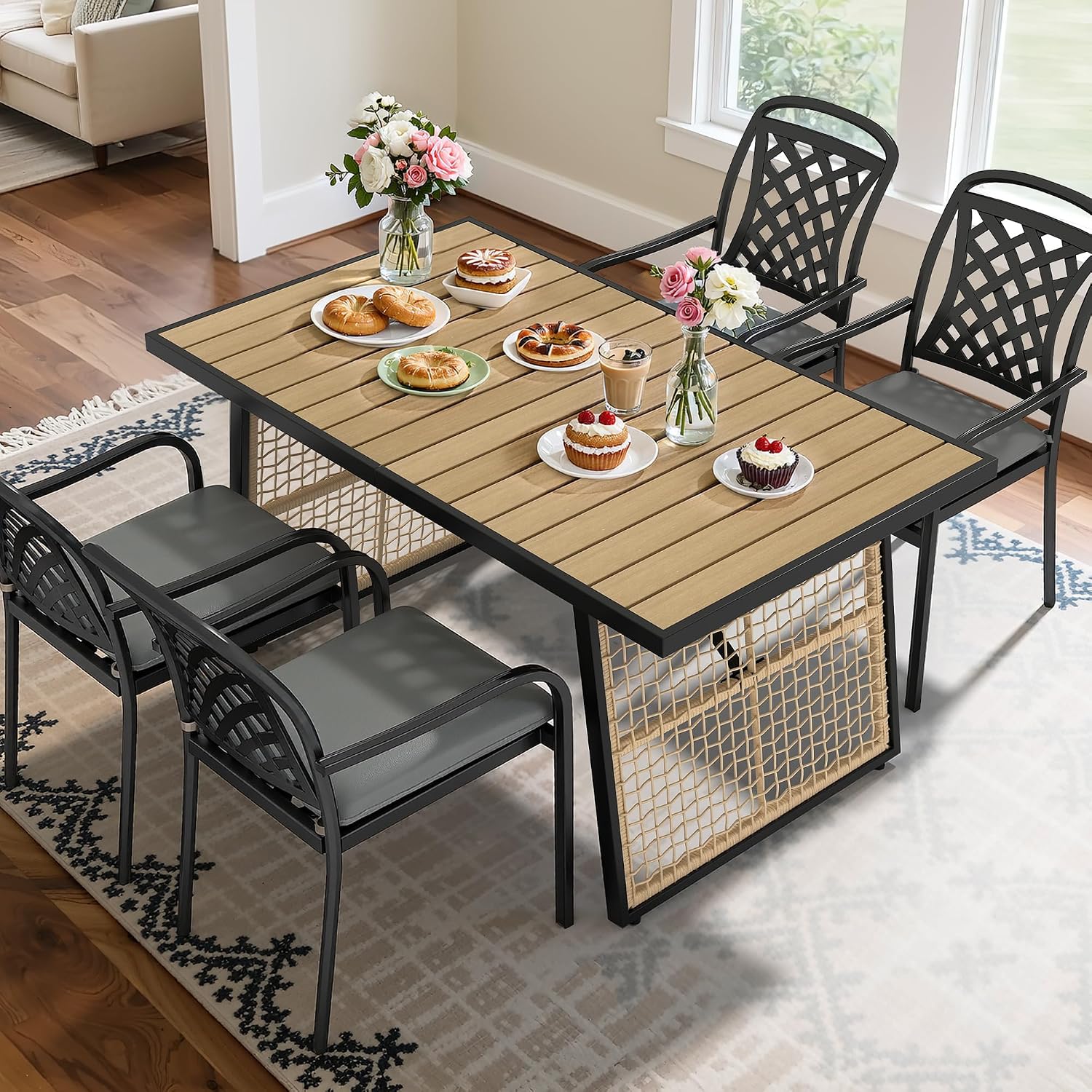 YITAHOME Dining Table 59.1'x34.3' Rectangular Patio Table with Metal Frame & Rattan Mesh All-Weather Outdoor Patio Dining Table for 6 Outdoor Table with Adjustable Feet for Outdoor/Indoor