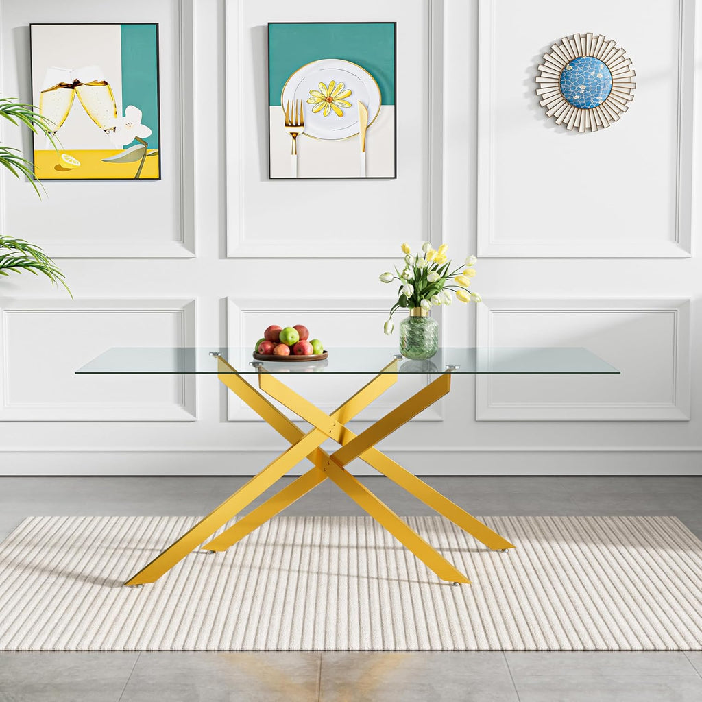 60' Glass Dining Table Modern Kitchen Table for 4-6 People, Contemporary Rectangular Dining Room Dinner Tables with Clear Glass Top & Gold Metal X Legs for Kitchen Apartment