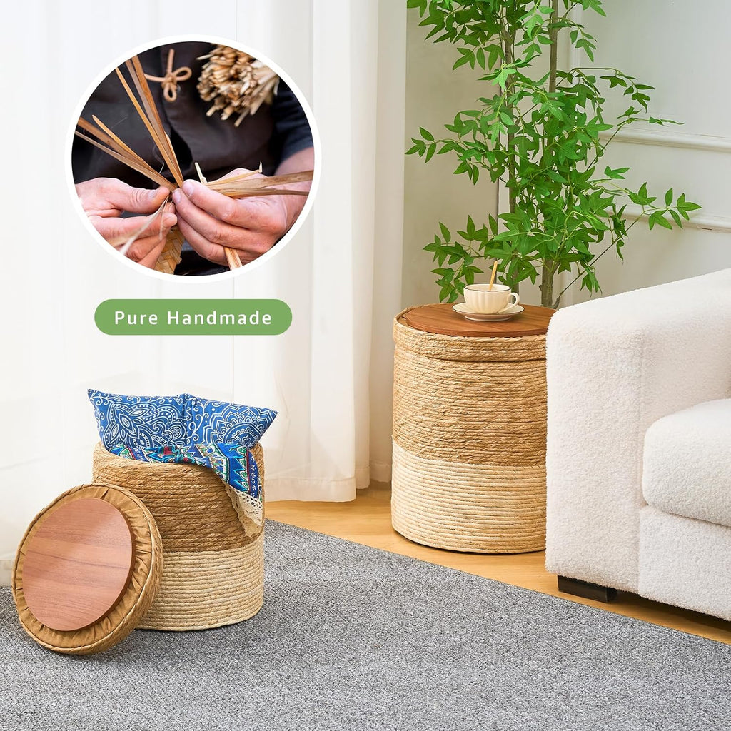 Wimarsbon Round Pouf Ottomans, Handwoven Natural Water Hyacinth Seagrass Pouffe,Outdoor Rattan Stool Accent Seat, Bohemian Coastal Home Decor (Cattail Nested Set-White)