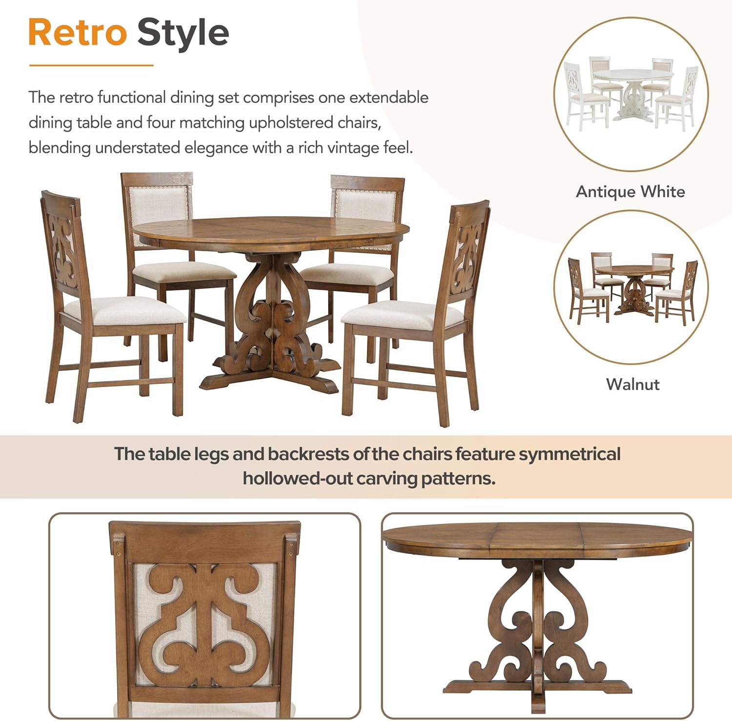 Merax Dining Table Set for 4, Extendable Round Tabletop with 16 inch Leaf and Upholstered Chairs, Retro Hollowed-Out Carving Design, Walnut