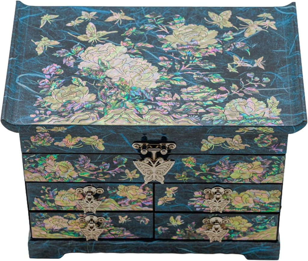 February Mountain Mother of Pearl Wooden Jewelry Organizer Box – Jewelry Storage Box for Women, Features Spacious Drawers, Ideal for Rings, Bracelets, Watches, Chains, Accessories (Peony_Blue)
